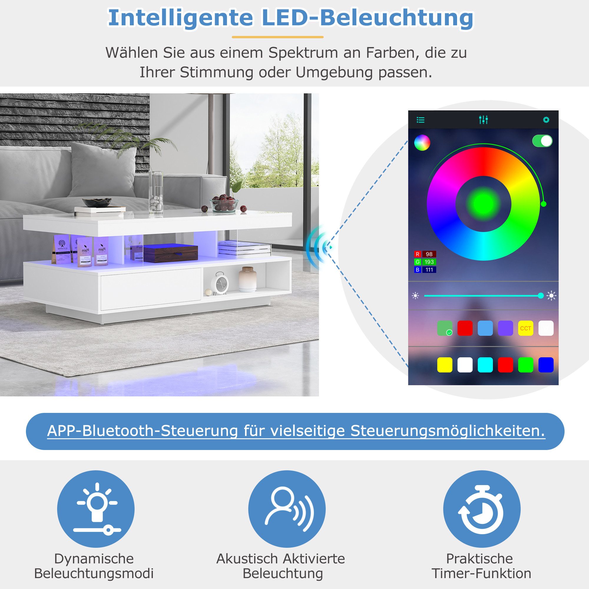 STILVORA Couchtisch Wohnzimmertisch Hochglanz-Beistelltisch Sofatisch mit Stauraum, weiß (Beistelltisch mit 2 Schubladen, 1-St., mit LED-Beleuchtung und hochglänzender Tischplatte), Wohnzimmertisch mit Glastrennwände