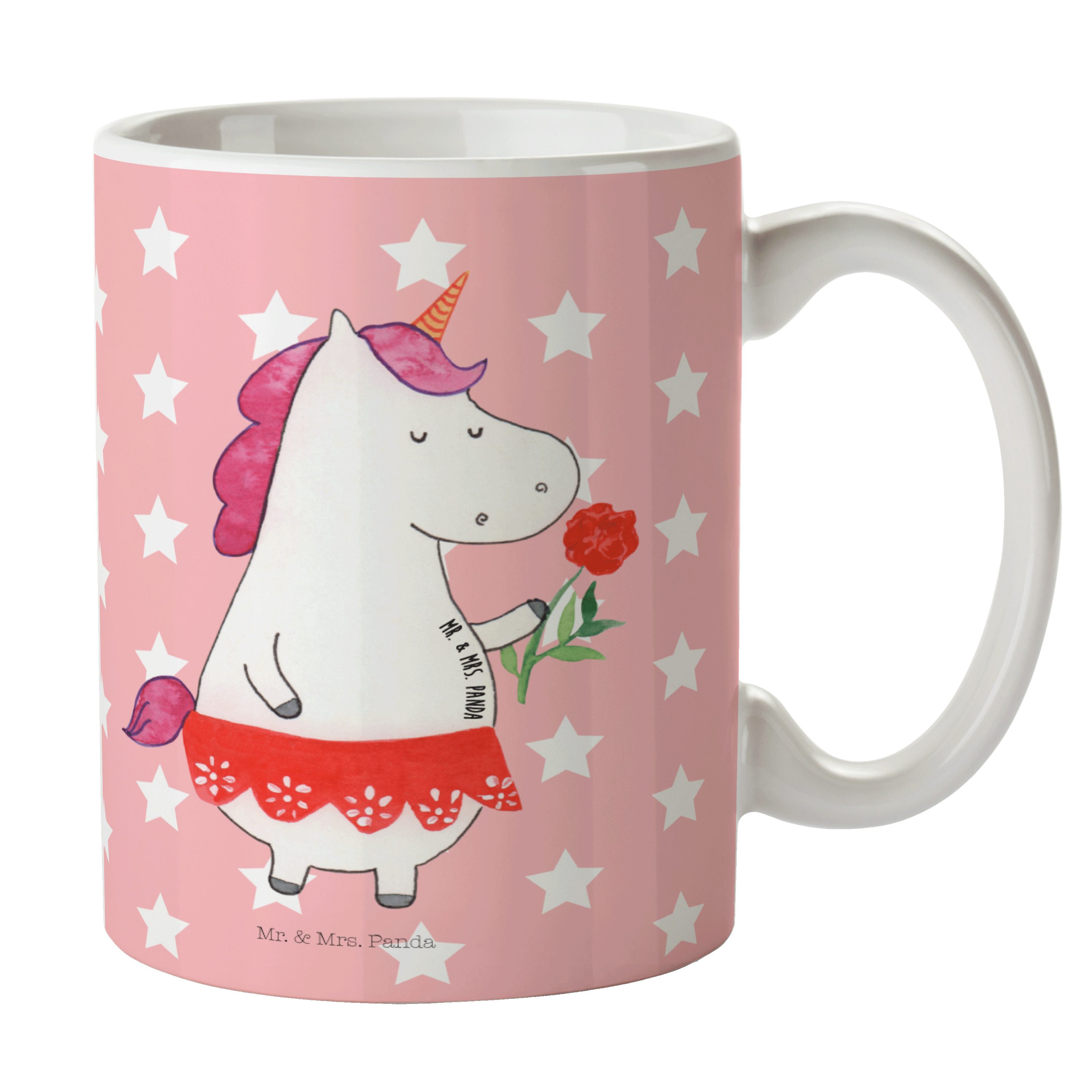 Mr. & Mrs. Panda Tasse Einhorn Dame - Rot Pastell - Geschenk, Teetasse, Tasse, Einhörner, Bü, Keramik