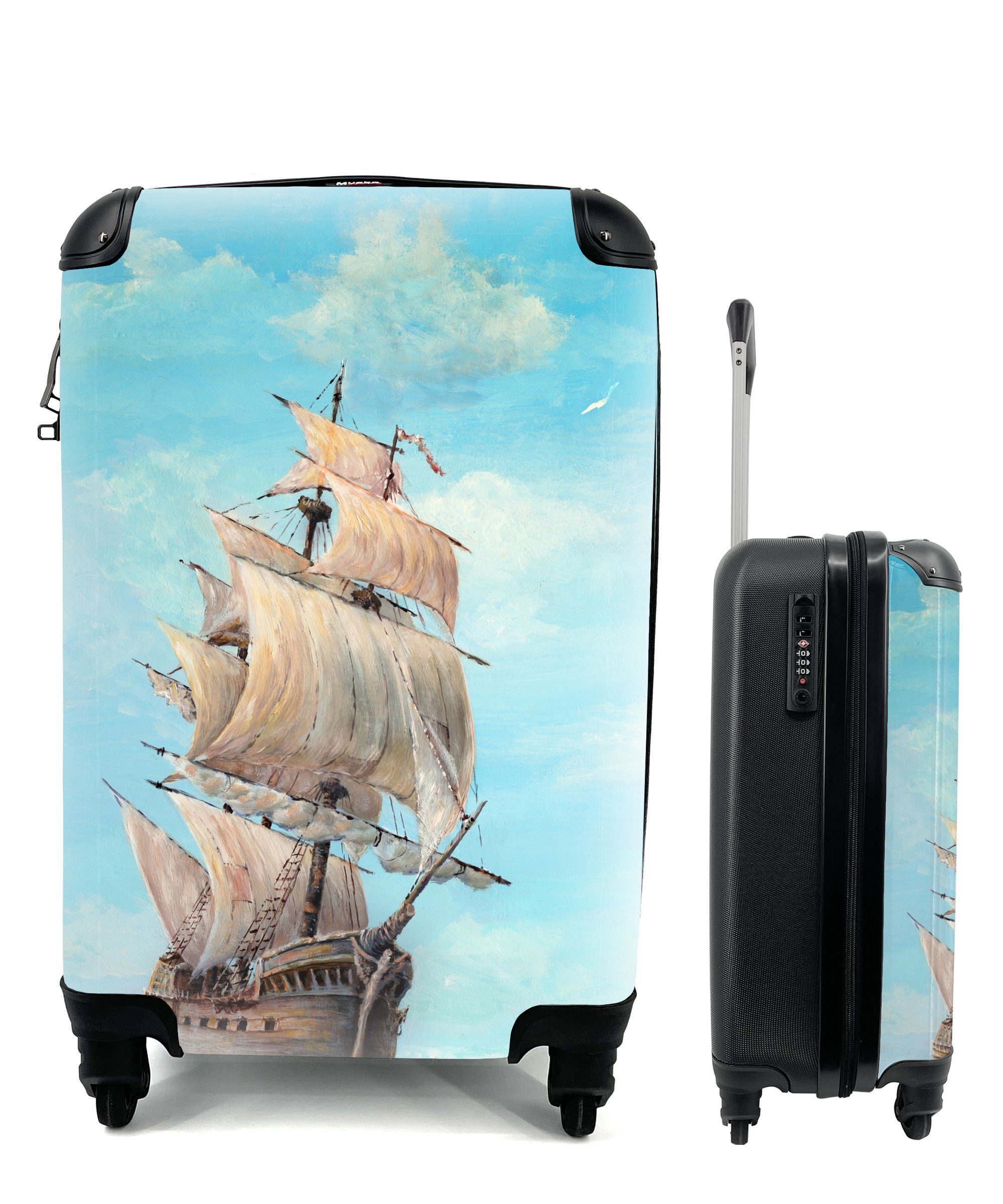 MuchoWow Handgepäckkoffer Illustration eines Piratenschiffs für Kinder, 4 Rollen, Reisetasche mit rollen, Handgepäck für Ferien, Trolley, Reisekoffer