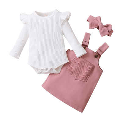 Lapastyle 2-in-1-Kleid 3-tlg Baby-Overall + Hosenträgerrock + Stirnband Elegantes süßes Baby-Set in kontrastfarben, Geburtstagsparty Set