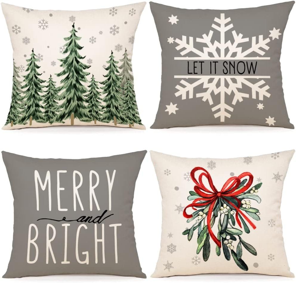 Coonoor Kissenbezug 4er Set Weihnachtskissenbezüge, Weihnachtsbaum und Schneeflocken Kissenbezüge