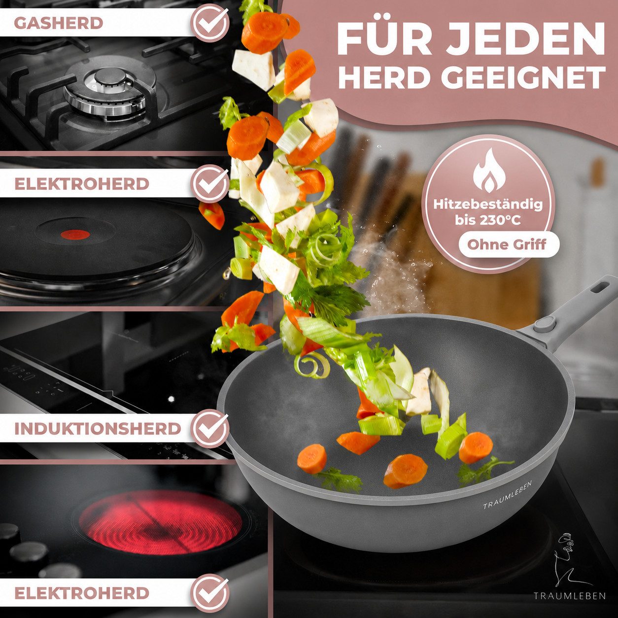 TRAUMLEBEN Wok 28 cm Wokpfanne mit Deckel, abnehmbarer Griff, Antihaftbeschichtung, aus Aluminium, für Induktion geeignet, backofenfest, hoher Rand – Bild 5 von 5