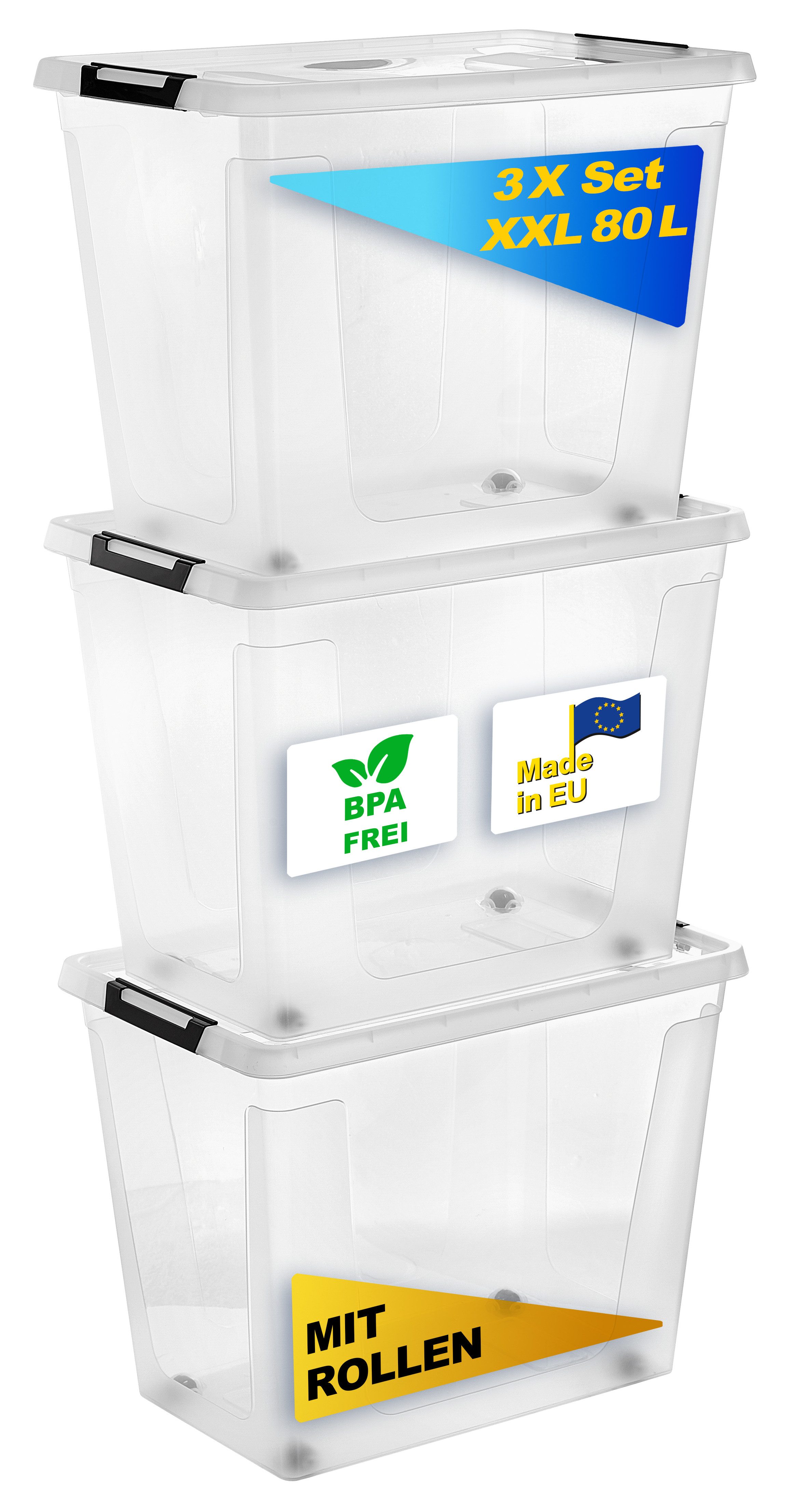 Gardissimo Aufbewahrungsbox 3 er Set mit Deckel "Clip" 80 Liter Kunststoff günstig online kaufen