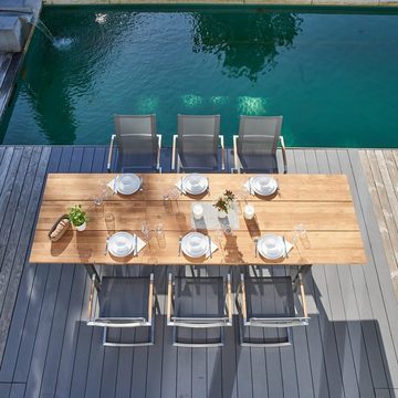 CASA DOMA Garten-Essgruppe Mineo/Varano, (Gartenmöbel-Set, 7-tlg., Ausziehtisch mit 6 Gartenstühlen), Edelstahl gebürstet, Textilgewebe Sunproof® Sling, Teak