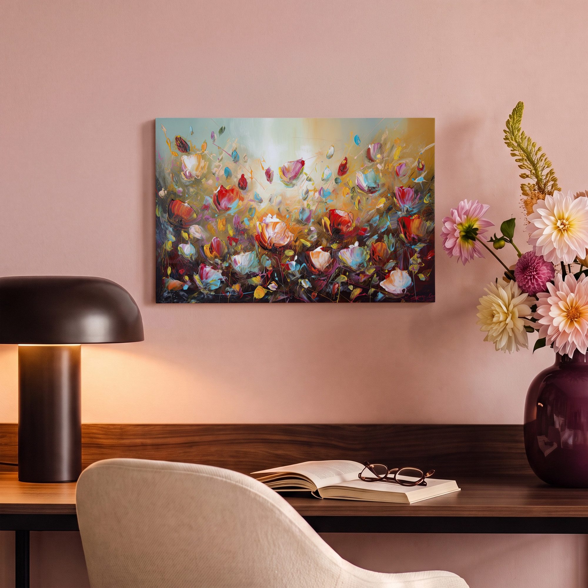 OneMillionCanvasses® Leinwandbild Blumen - Kunst - Natur - Ölfarbenoptik, Fotodruck (1 St), Leinwand Bilder Klein, Wand Dekoration Aesthetic 30x20 cm – Bild 4 von 5