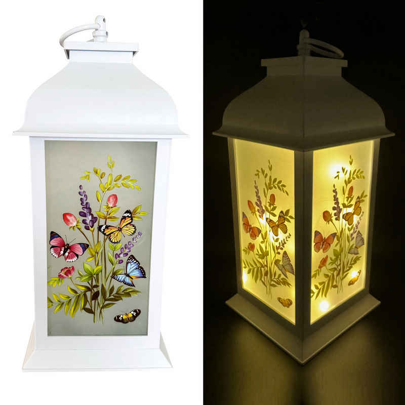 Online-Fuchs LED Laterne mit Lichterkette und buntem Blumen & Schmetterlings Dekor -, Weiß, Warmweiß, 6 Stunden Timer
