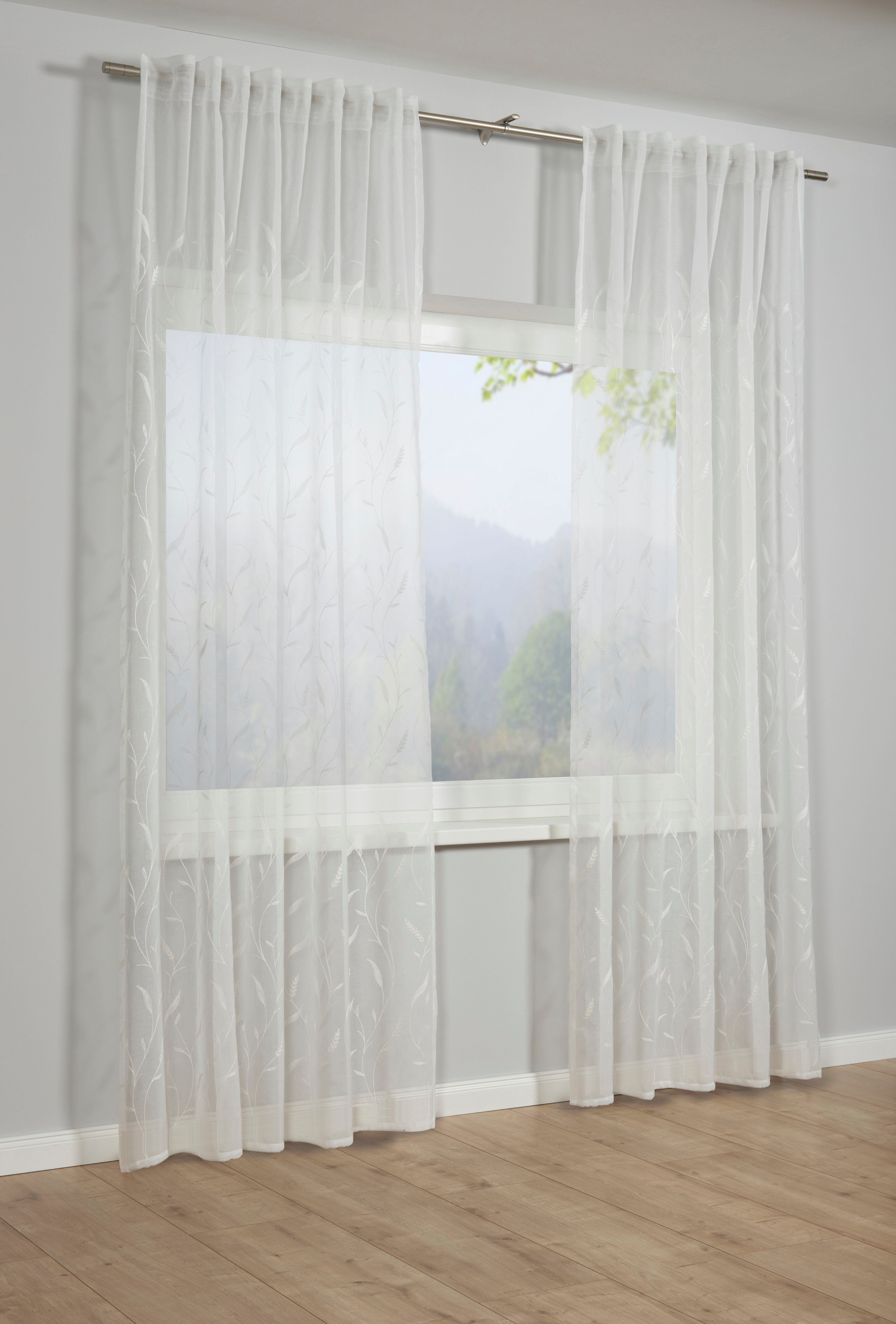 transparent, mit (1 GARDINIA, Dolly-Voile Rankenstickerei, Schlaufen St), Gardine Rankenstickerei mit Dolly-Voile Stoff Schal Gardinenband verdeckte mit