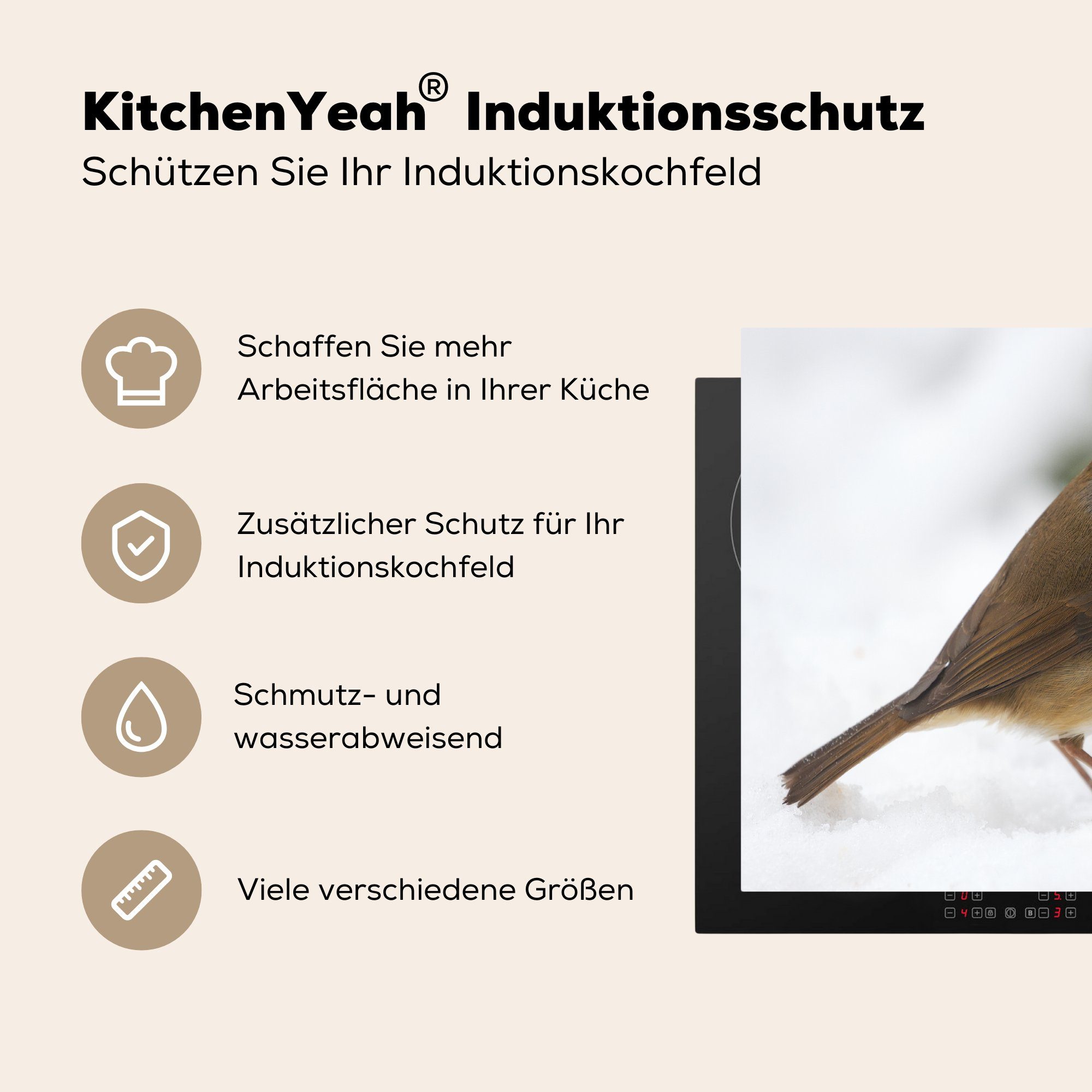 MuchoWow Herdblende-/Abdeckplatte Rotkehlchen - Schnee Mobile (1 Vinyl, 60x52 tlg), - cm, Ceranfeldabdeckung Arbeitsfläche Vogel, nutzbar