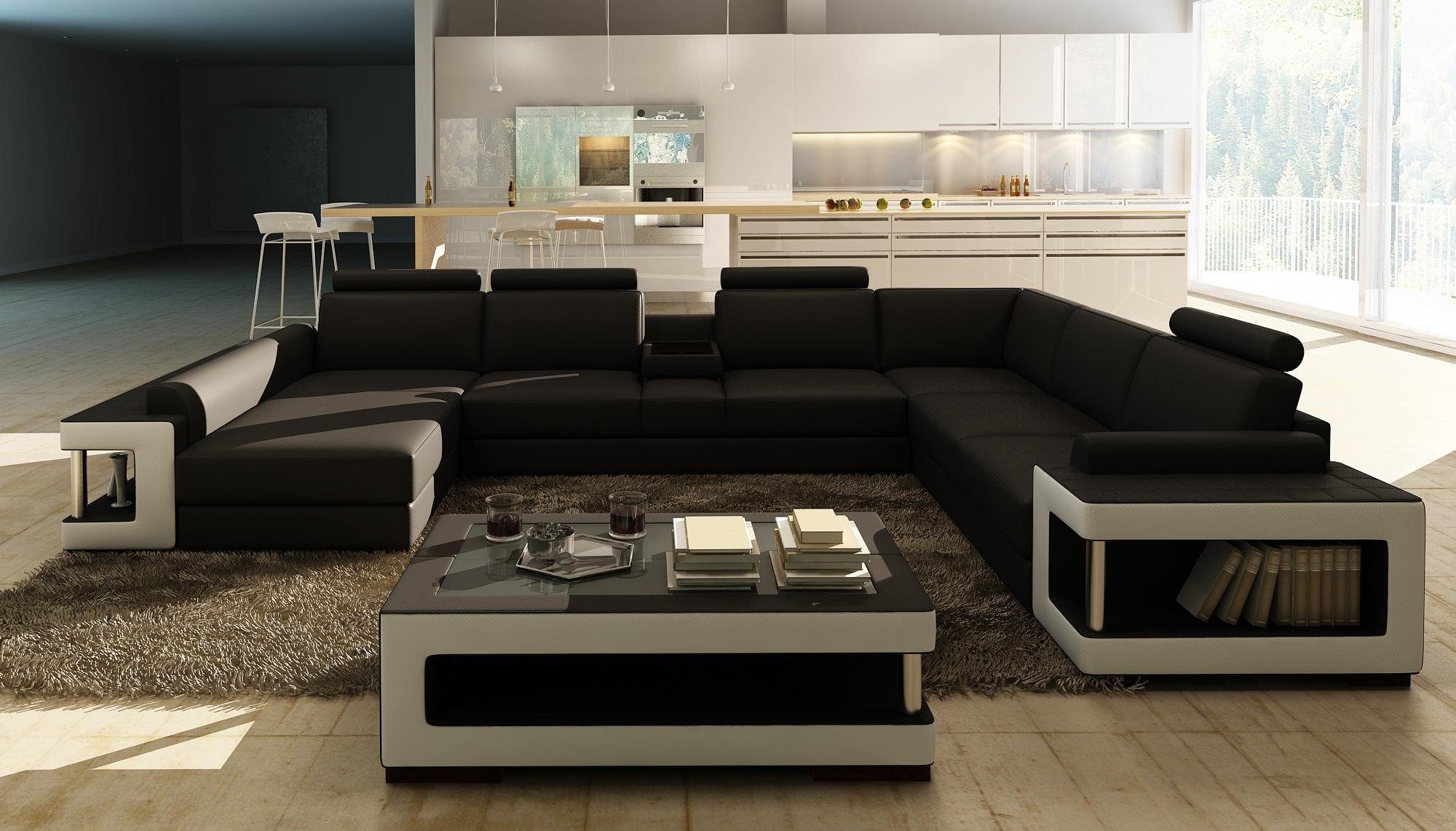 JVmoebel Ecksofa Wohnlandschaft Luxus Trend Kollektion Couch Ledersofa Sofa U Form, Made in Europe Schwarz