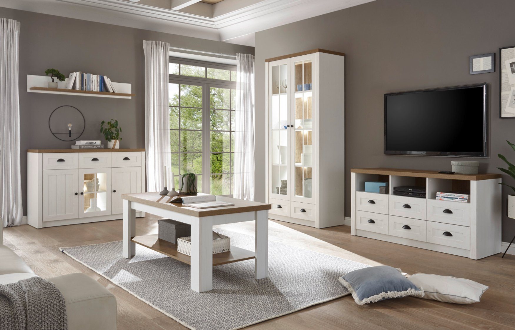 Furn.Design Couchtisch Seyne (Sofatisch in Pinie weiß und Eiche hell, 120 x 60 cm), moderner Landhausstil