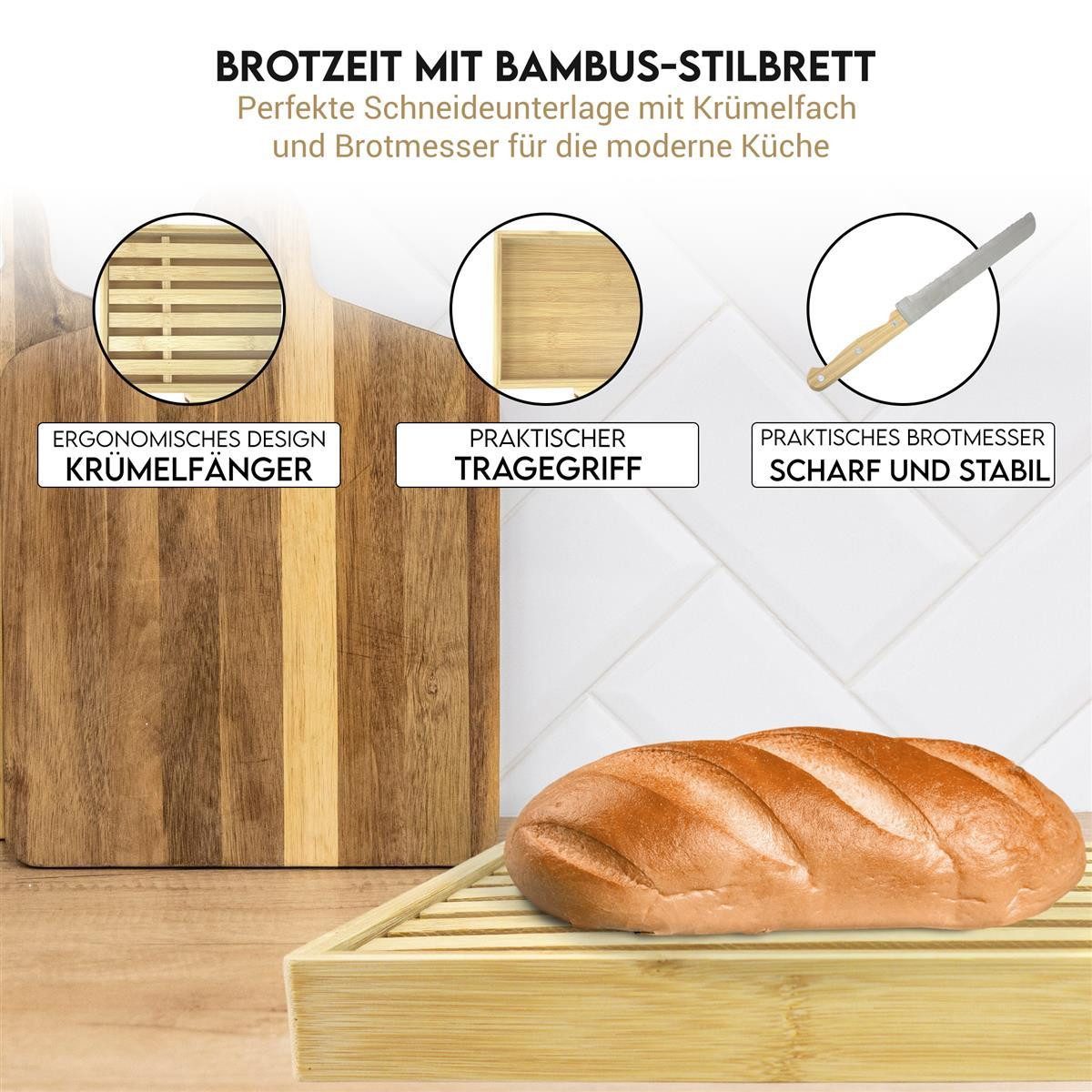 hausleben Brotschneidebrett Brotschneidebrett Bambus mit Messer, 33,5x21,5x3,5 cm, (Brotschneidebrett-Set, 1-St., 1-teiliges Set, Inklusive Edelstahl-Brotmesser), Perfekte Schneideunterlage für Brot & Brötchen