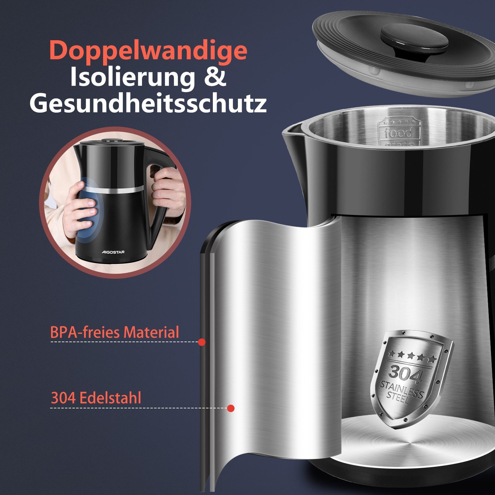 Aigostar Wasserkocher Edelstahl Wasserkocher mit Temperatureinstellung 40°C-100°C,Doppelwand, 2200 W, Edelstahl Wasserkocher mit Temperatureinstellung 40°C-100°C,Doppelwand