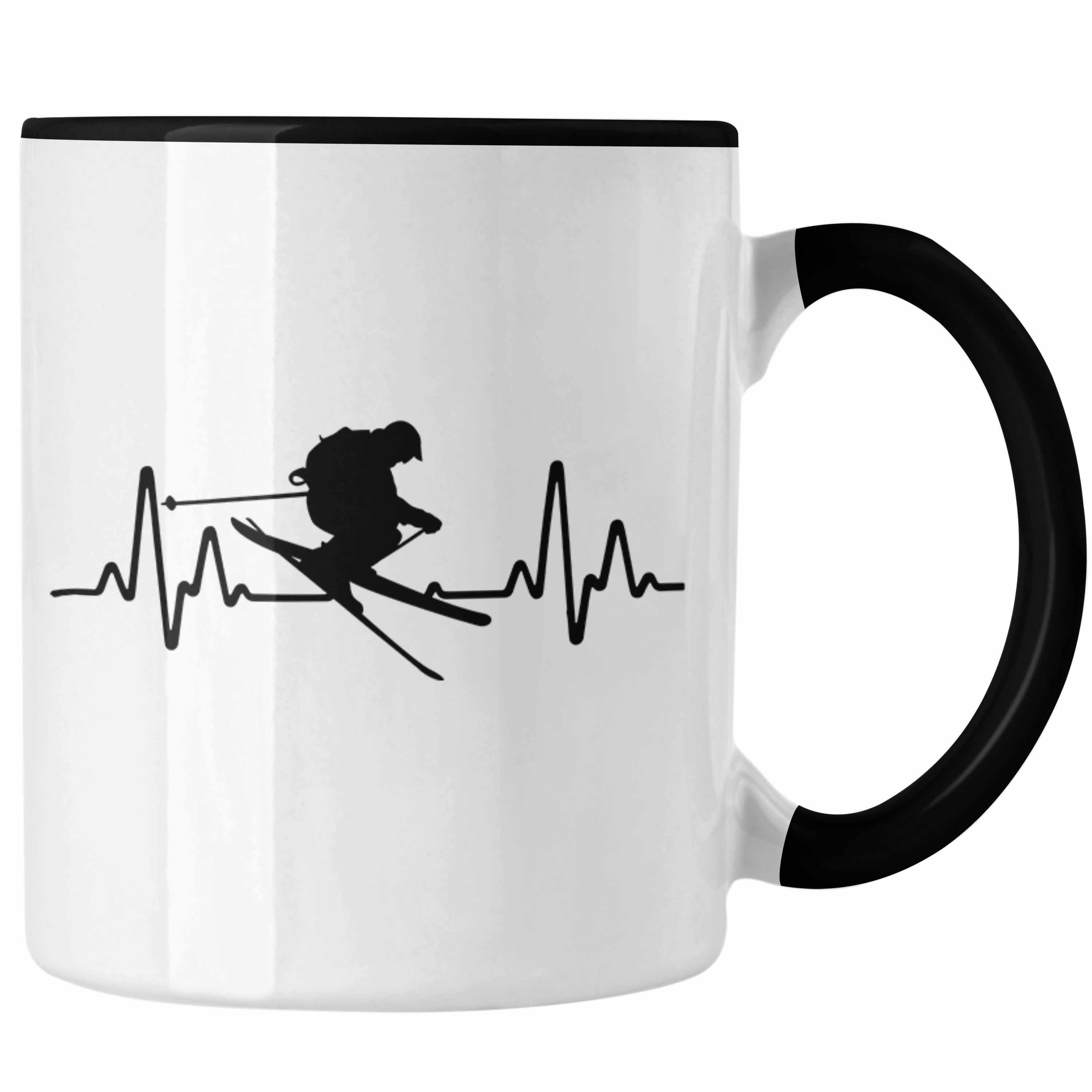 Trendation Tasse Trendation - Ski Tasse Geschenk Grafik Herzschlag Geschenkidee Skifahrer Geschenk Winter Schwarz