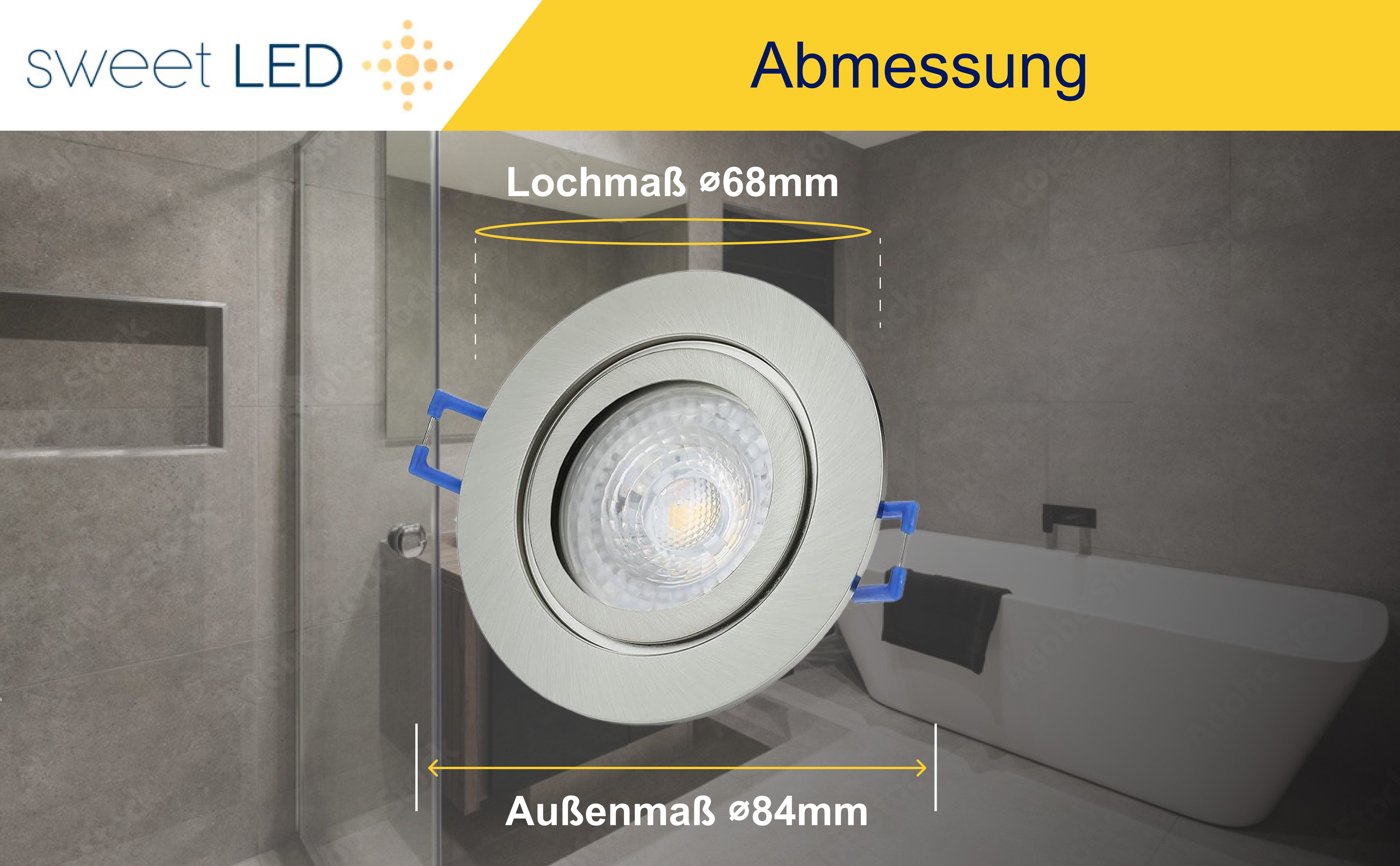 Sweet LED LED Einbaustrahler 6er Set IP44 Feuchtraum Deckenspots chrom-gebürstet mit GU10 7W, Leuchtmittel tauschbar, 3000K, warmweiß, Deckenstrahler, Einbauleuchten, Deckenlampen