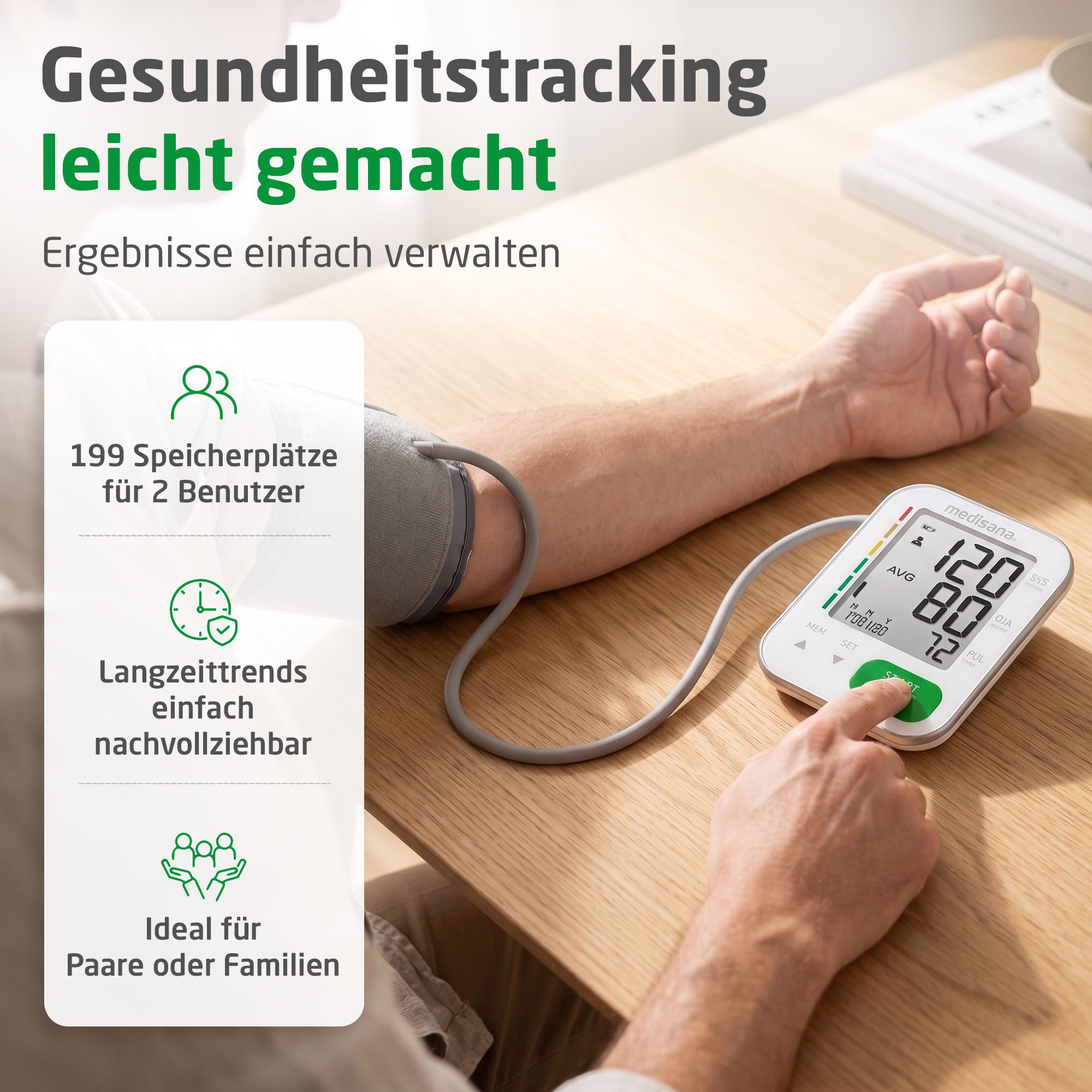 medisana Oberarm-Blutdruckmessgerät BU 566, Medizinprodukt, 2 Benutzer, je 199 Speicherungen, Ampel Farbskala