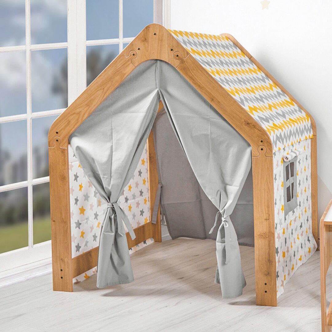 COZYCOLLECTIONS Spielzelt Montessori Spielhaus Naturholz, mit Stoffzelt – gelb/grau (Kinder-Spielhaus / Spielzelt aus Holz (1-teiliges Set), 1-tlg., 1 Spielhaus aus Holz inkl. abnehmbarem Stoffbezug (Tür & Fenster) Montessori-Spielhaus: waschbarer Bezug, Türvorhang & Fenster