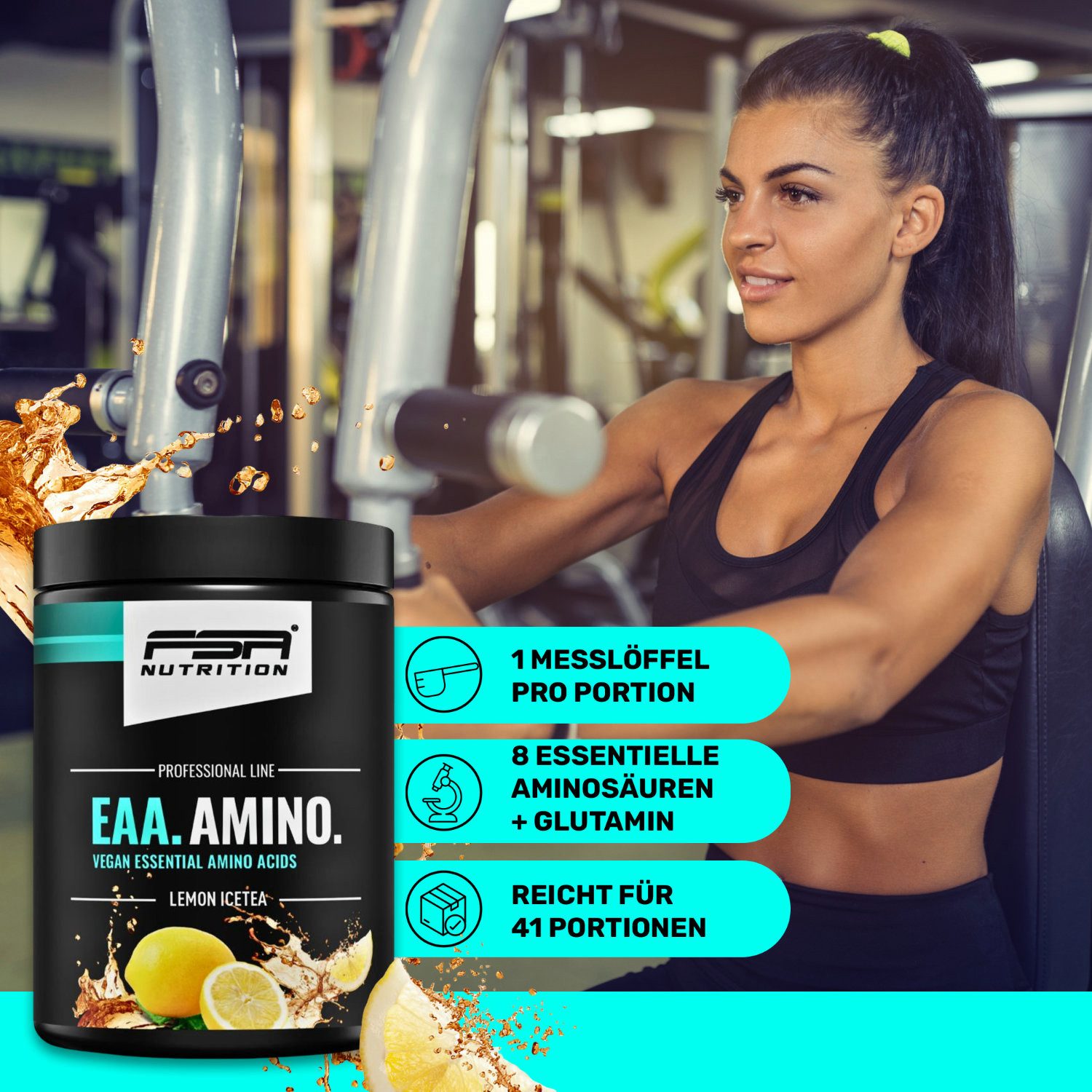 FSA NUTRITION EAA Amino - Aminosäuren Komplex hochdosiert - vegan - Zitrone Eistee Pulver, 400 g, Mit allen 8 essentiellen Aminosäuren + Glutamin
