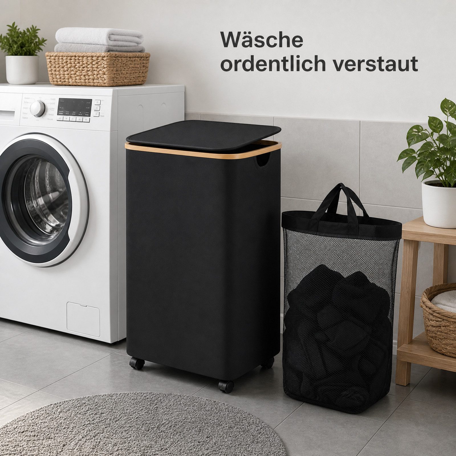 SURFOU Wäschebox Faltbarer Wäschekorb 100L mit Deckel & Rollen, Abnehmbarer waschbarer Beutel, Bambusgriffe, für Bad & Schlafzimmer