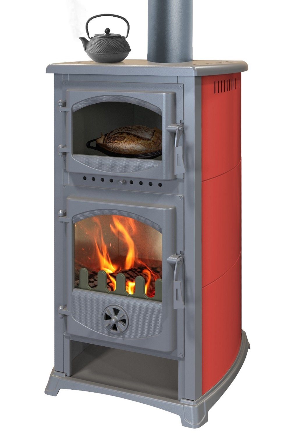 TRGO Kaminofen Cucina bordeaux mit Backfach und Herdplatte, 9,70 kW