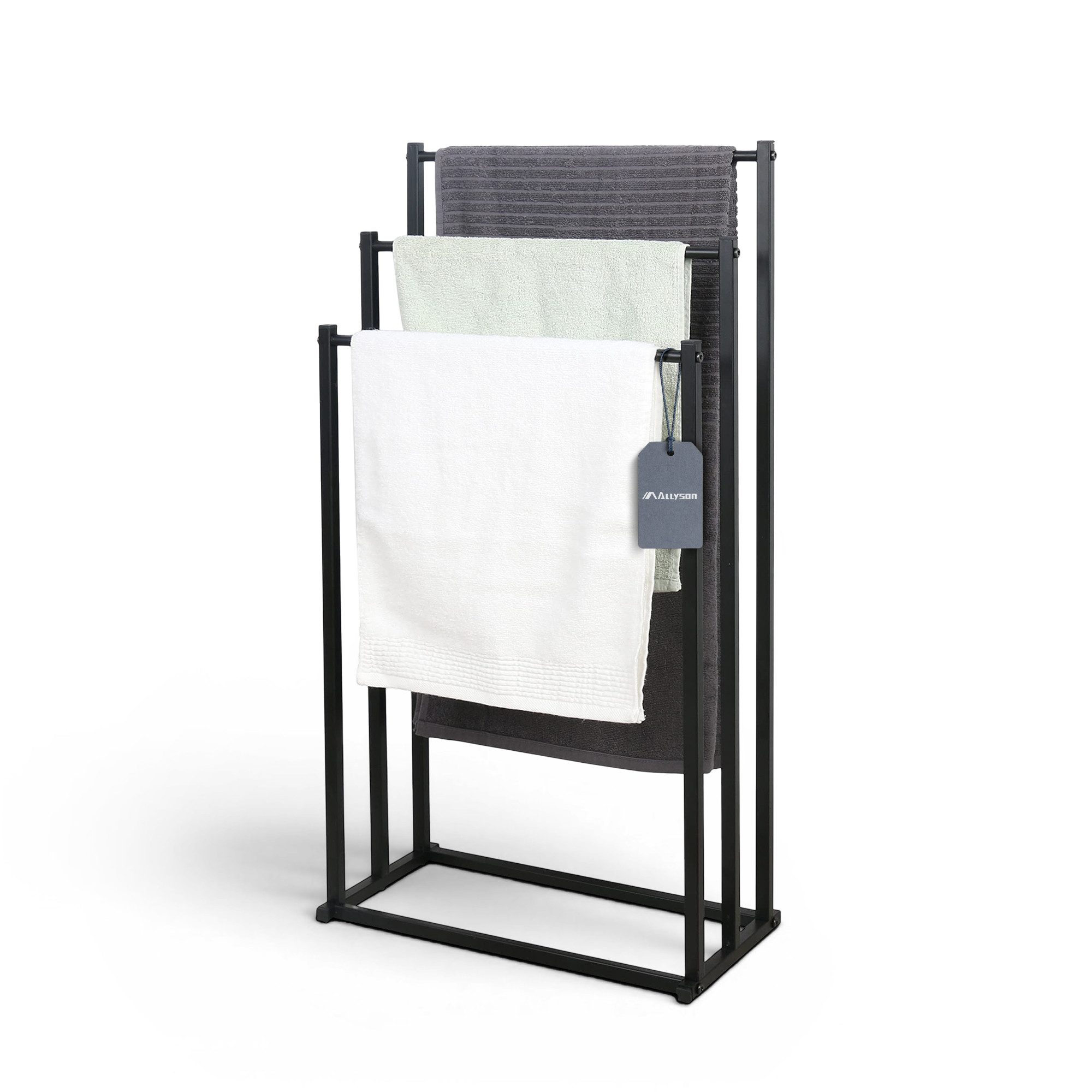 Allyson Handtuchhalter Freistehender Badetuchhalter Ohne Bohren in Schwarz, 3-Stangen-Design, rostbeständiger Karbonstahl, rutschfeste Basis.