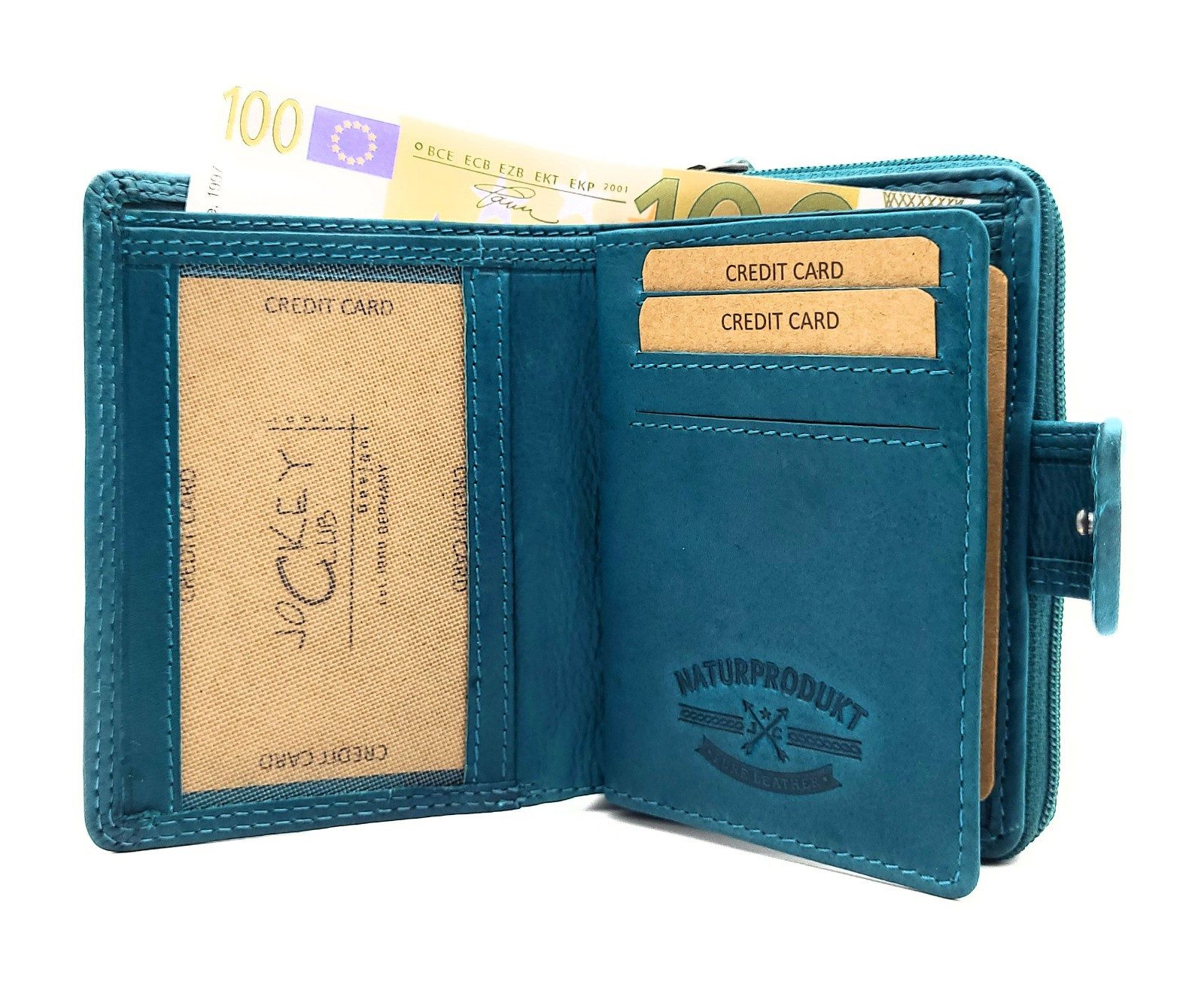 JOCKEY CLUB Mini Geldbörse kleines echt Leder Damen Portemonnaie mit RFID Schutz, wunderschöner Schmetterling, Sauvage Rindleder, petrol blau