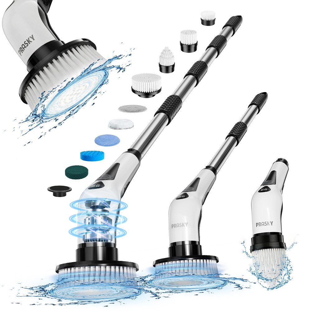 PRASKY Reinigungsbürsten-Set Kabellose Rotationsbürste mit 9 Köpfen & IPX8 wasserdicht, Auto, Fliese, Boden, Geschirr, Grill, Glas, Badewanne, Waschbecken, Balkon, Fenster, (9-teiliges Reinigungsbürstenset, 9-tlg., Kabellose Drehbürste, 2 Geschwindigkeitsstufen, Geräusch <60 Dezibel), 2600 mAh, 110 Min Laufzeit, 9 Bürstenköpfe für Reinigungsbürste