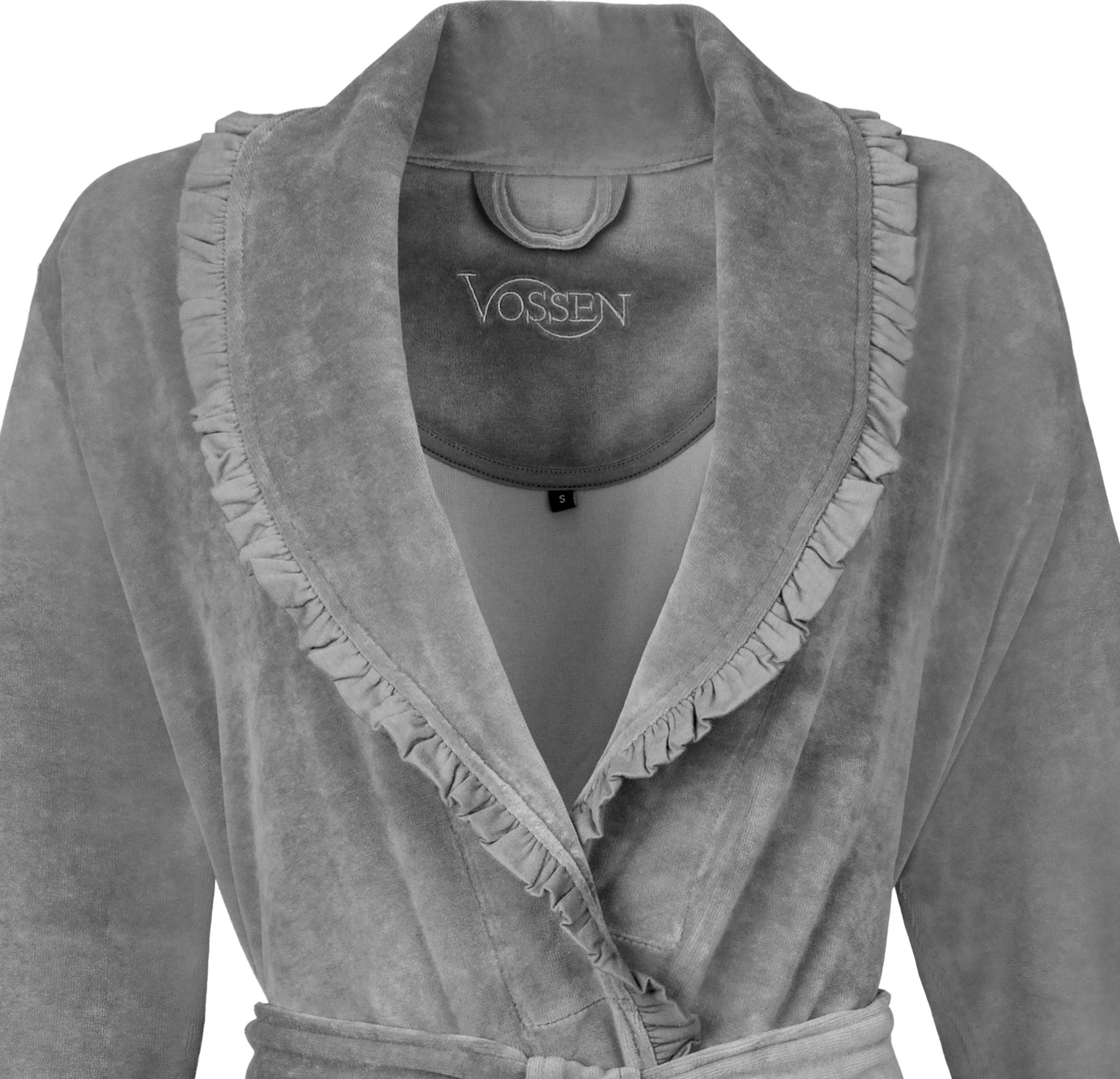 Vossen Design Nicki-Velours, meliert in Ariel, grau verspieltem Damenbademantel Gürtel, Kurzform, Schalkragen,