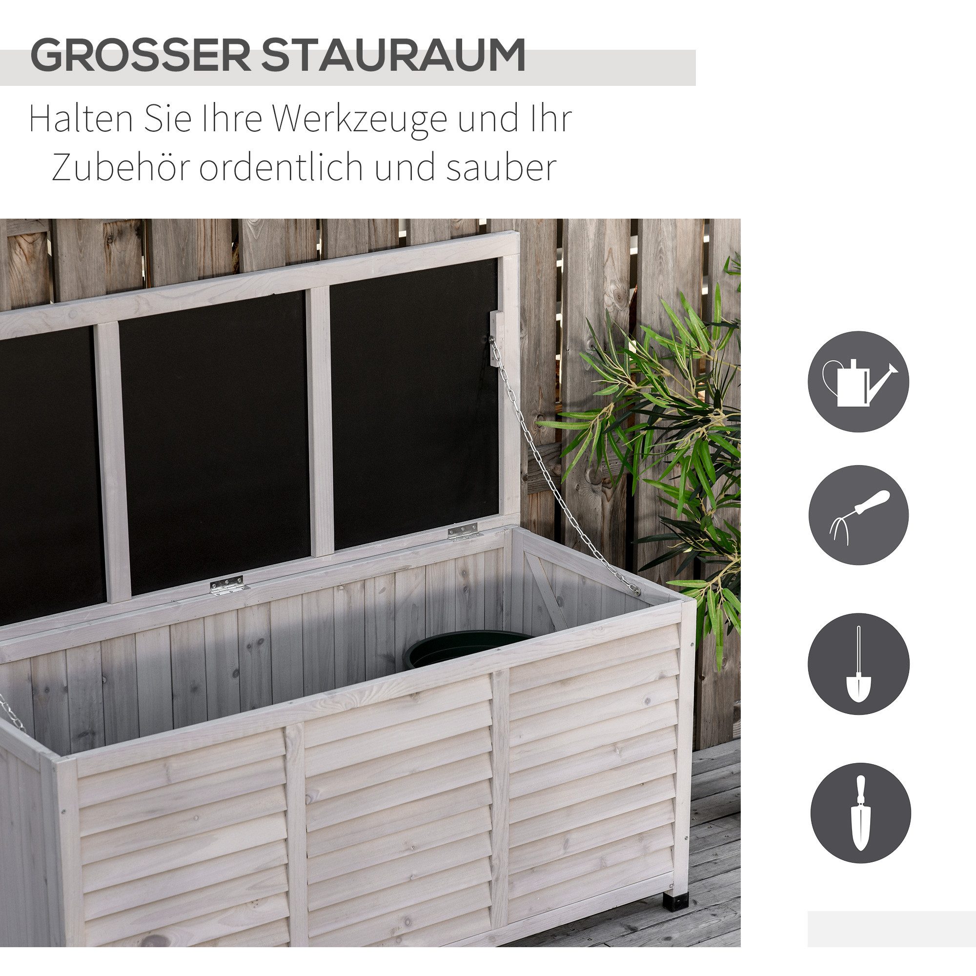 Outsunny Geräteschrank Aufbewahrungsbox, Gartentruhe, wetterbeständig, Massivholz (Kissenbox, 1-St., Gartenbox) für Garten, Balkon, Hellgrau – Bild 5 von 5