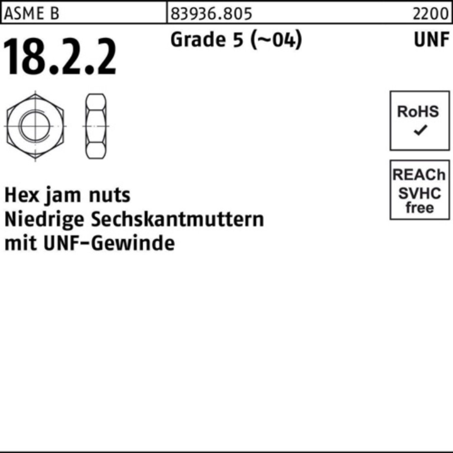 100er Grade Reyher Pack R Muttern niedrig Sechskantmutter 83936 UNF-Gewinde 5 1/4 (0