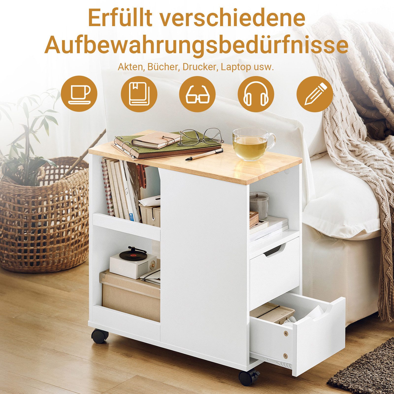SoBuy Beistellwagen FBT130, Rollcontainer mit Schubladen, Aktenschrank, Druckertisch mit Schublade Rollcontainer Bürowagen Beistelltisch
