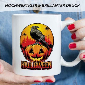 GRAVURZEILE Tasse mit Motiv - Halloween Raben Design - Gechenk -, Keramik, Farbe: Weiß