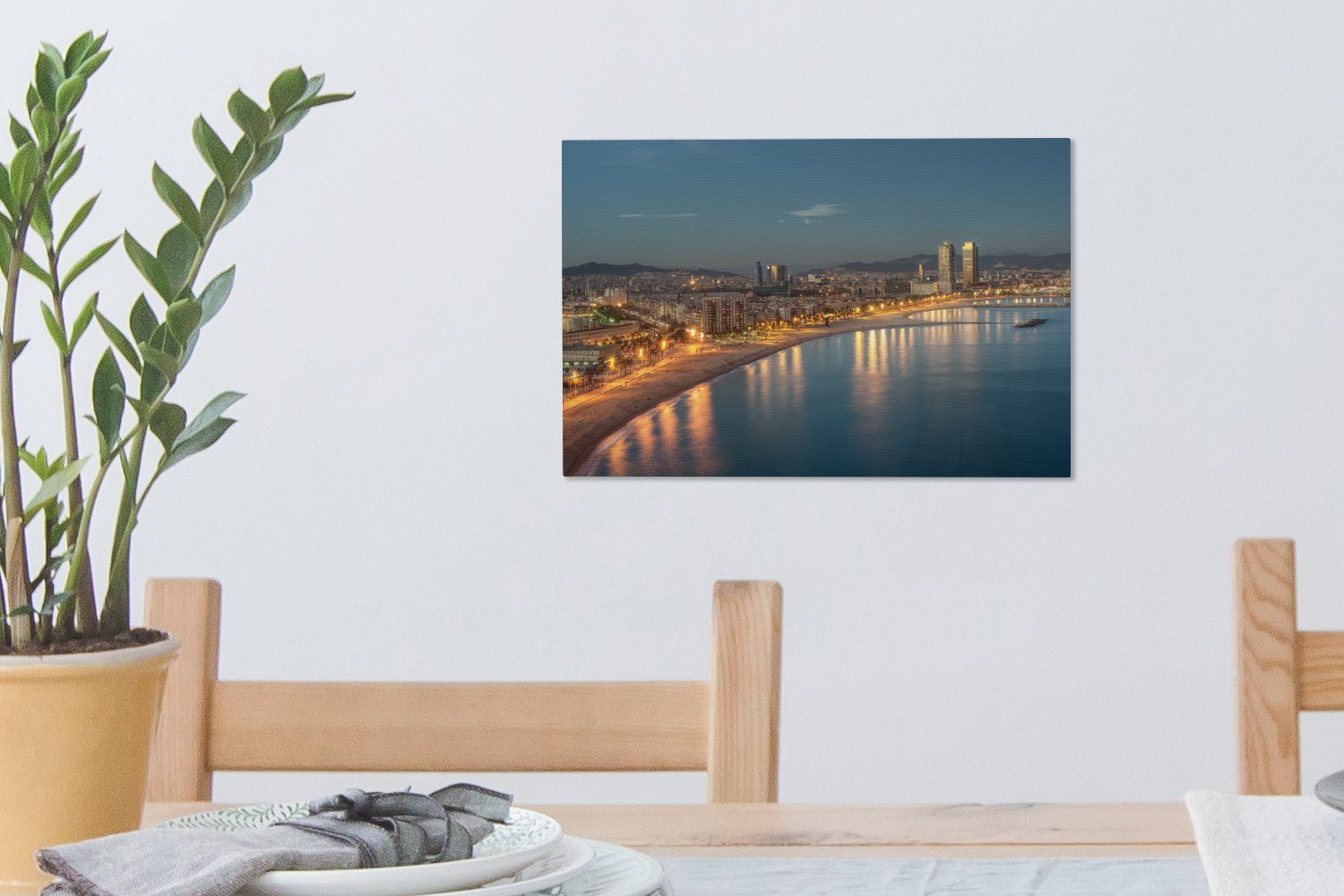 (1 30x20 Barcelona - OneMillionCanvasses® Wanddeko, Wandbild cm Spanien, St), - Leinwandbilder, Aufhängefertig, Strand Leinwandbild