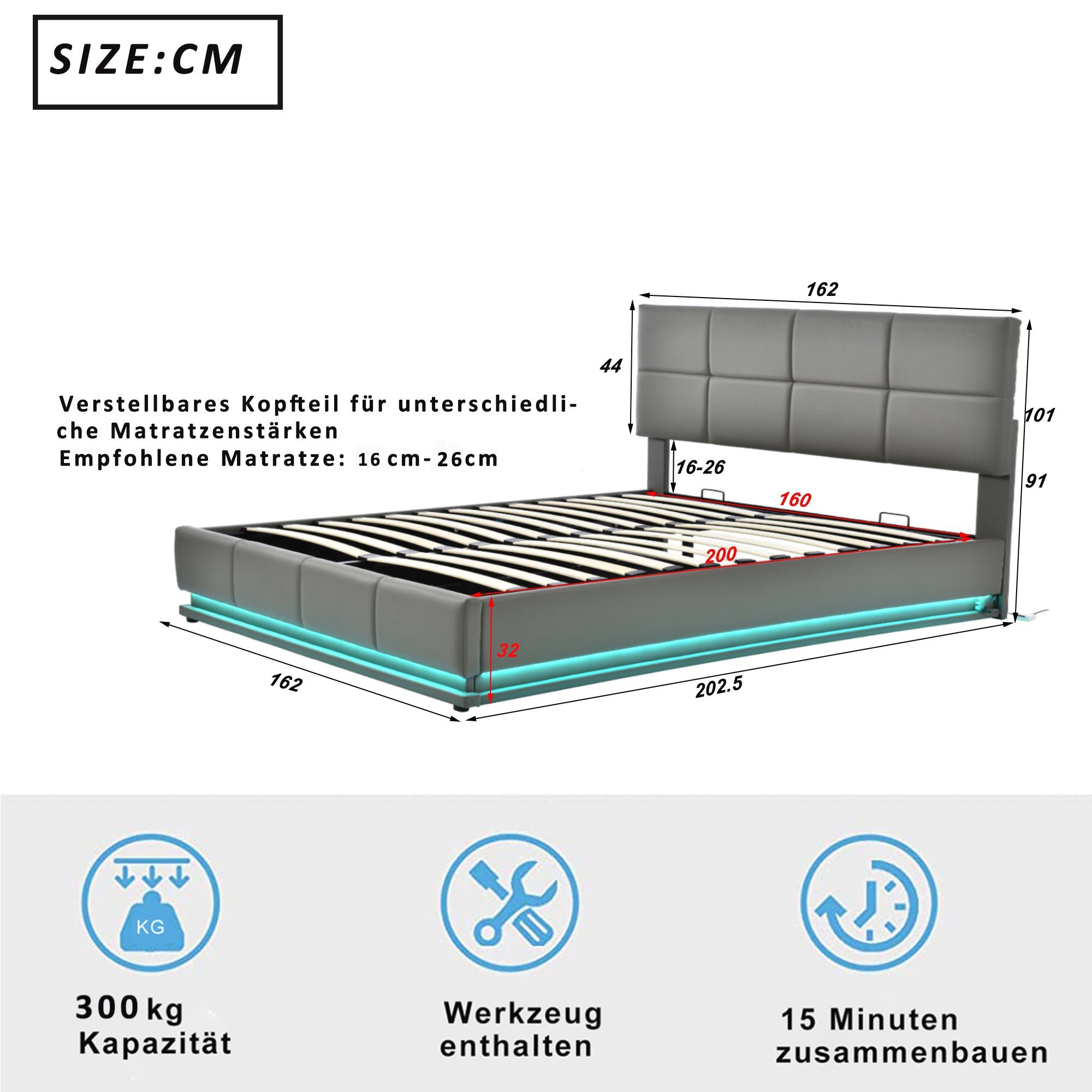 Flieks Polsterbett, LED hydraulisches Doppelbett Kunstleder 160x200cm