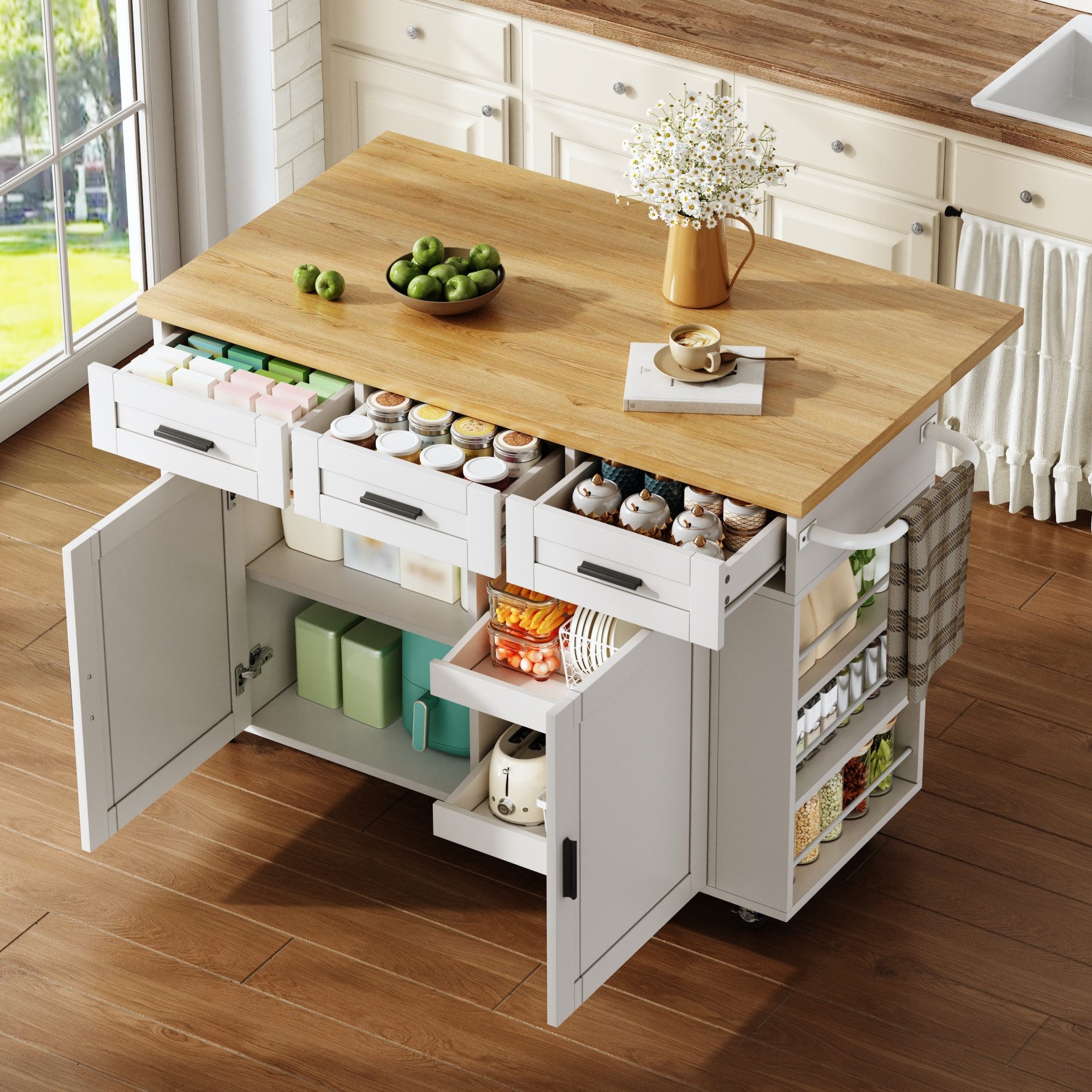 Fine Life Pro Kücheninsel Mobile Kücheninsel, Klapptisch, Organizer, Müllschrank, Steckdosen, Schublade & Rollen – vielseitiger Buffetschrank, 120 cm.