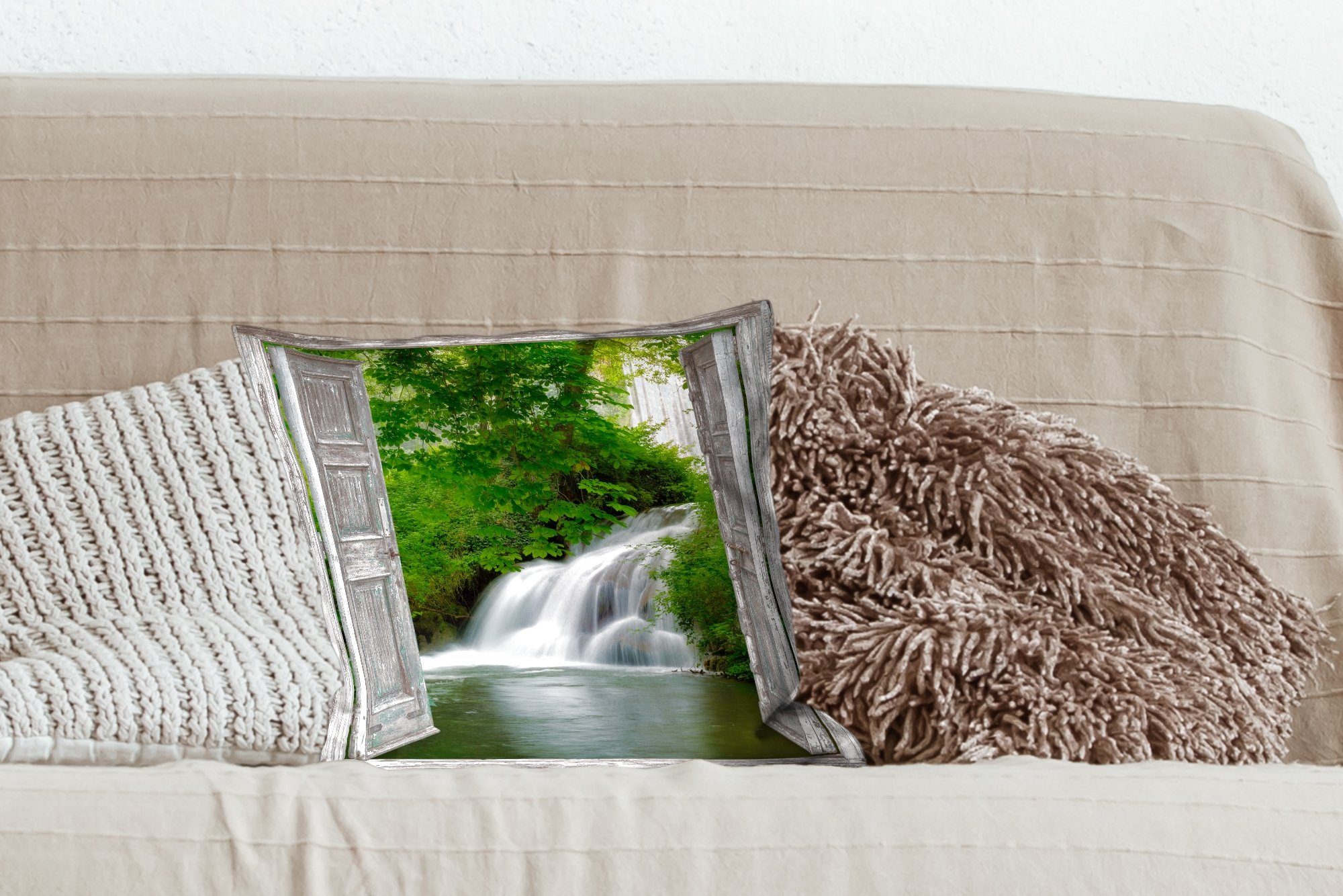 für Zierkissen mit MuchoWow Aussicht Wohzimmer, Deko, - Sofakissen Dekokissen - Wasserfall Schlafzimmer, Landschaft, Füllung