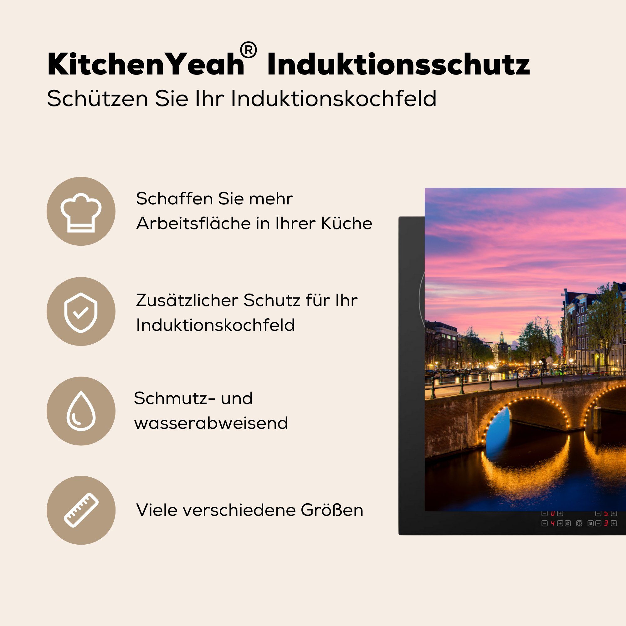 Nacht Gracht, - die Induktionskochfeld MuchoWow 81x52 - Ceranfeldabdeckung küche, Vinyl, Herdblende-/Abdeckplatte für (1 Amsterdam Schutz cm, tlg),
