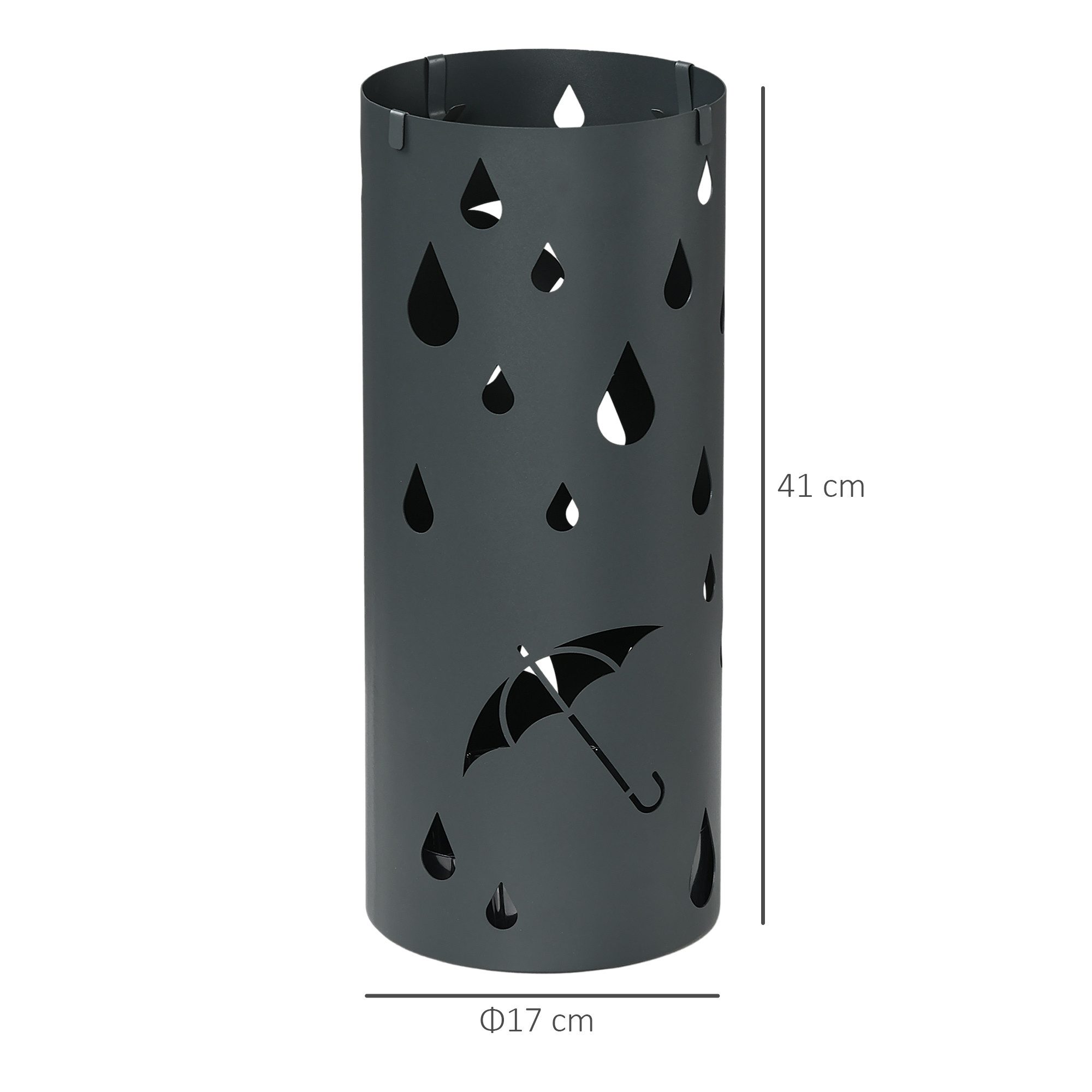 HOMCOM Schirmständer Regenschirmkorb mit 4 Haken und abnehmbarer Tropfschale (Schirmhalter für Gehstöcke, Regenschirme, 1 St., Stahl), Ø17 x 41 cm, Dunkelgrau