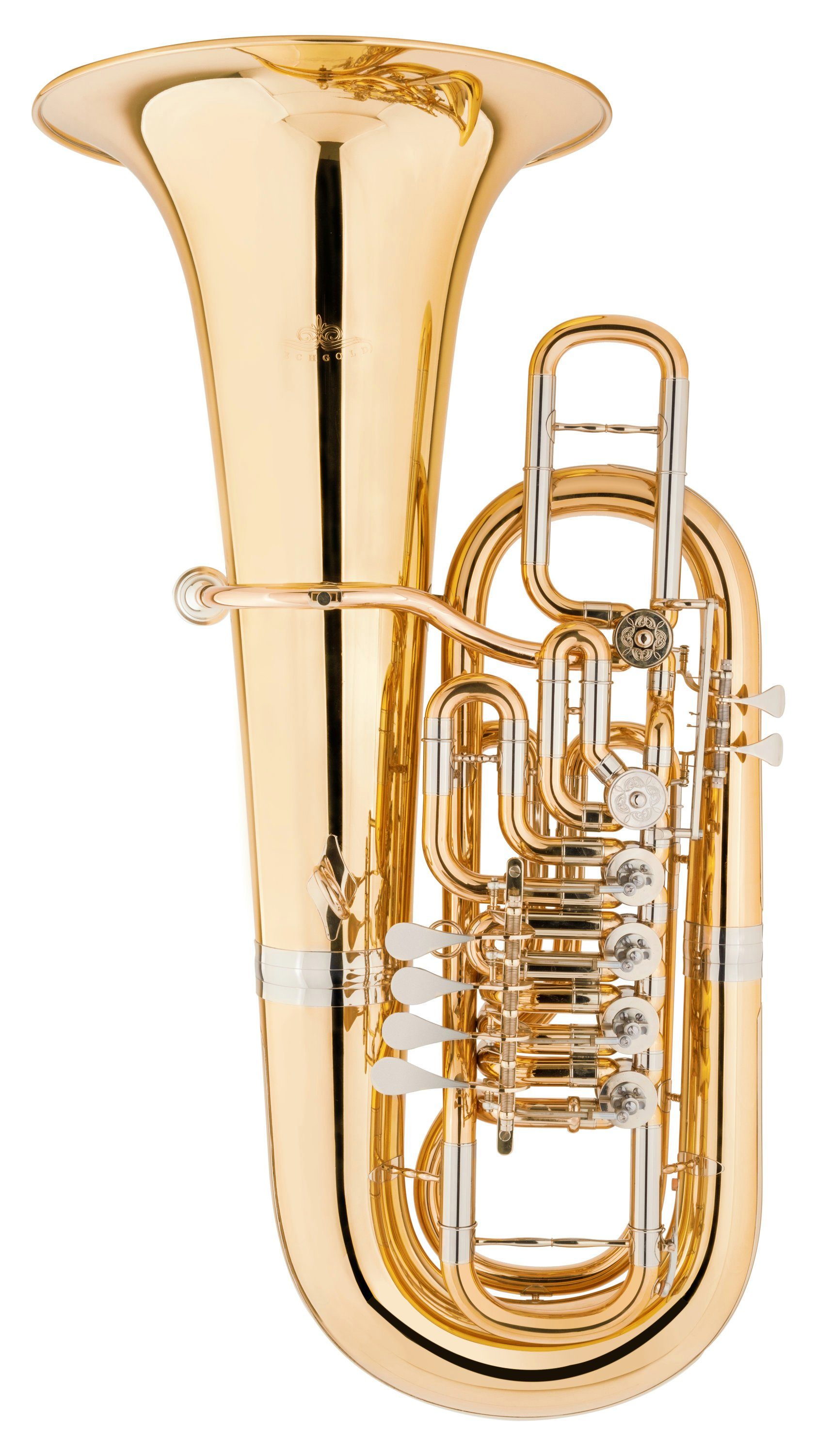 Lechgold Tuba FT-20/6GL F-Tuba - 4+2 Goldmessing Ventile mit gravierten Ventildeckel, Set, Inkl. Trolley-Leichtkoffer und Mundstück, Tuba Stimmung: F, Schallbecher: 42 cm