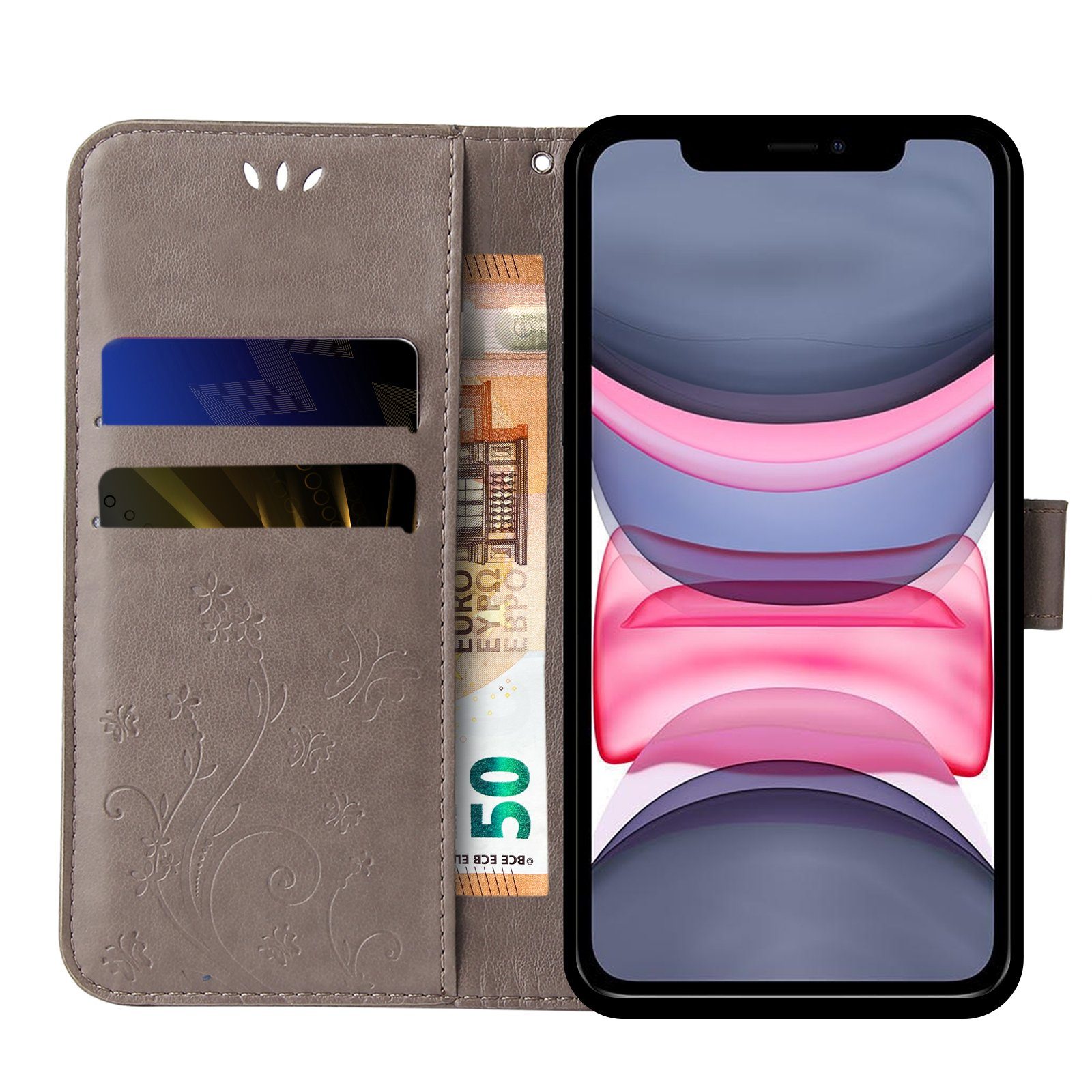 Tec-Expert Handyhülle Cover Tasche Hülle für Apple iPhone 11 6,1 Zoll, Klapphülle Case mit Kartenfach Fliphülle aufstellbar, Motiv Blumen