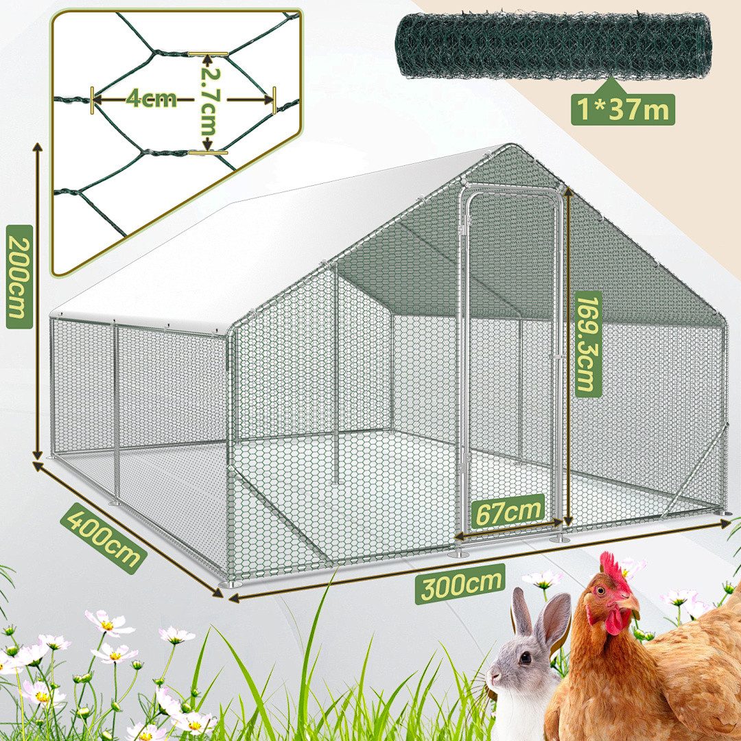 Clanmacy Hühnerstall 3x4x2m Hühnerstall aus Stahl mit UV-beständiger Abdeckung Voliere – Bild 2 von 5