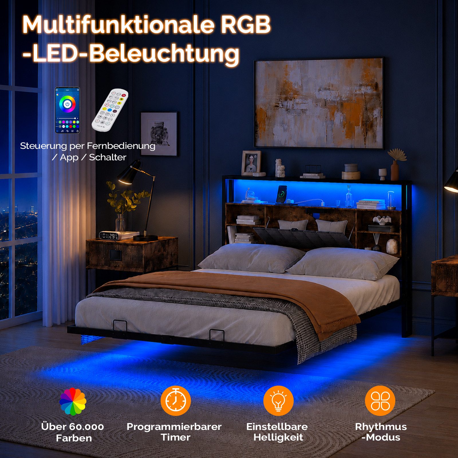 VINGLI Polsterbett mit LED-Beleuchtung und Ladestation, schwebendes Bett, gepolsterte Kopfteil mit Aufbewahrungsfunktion – Bild 5 von 5