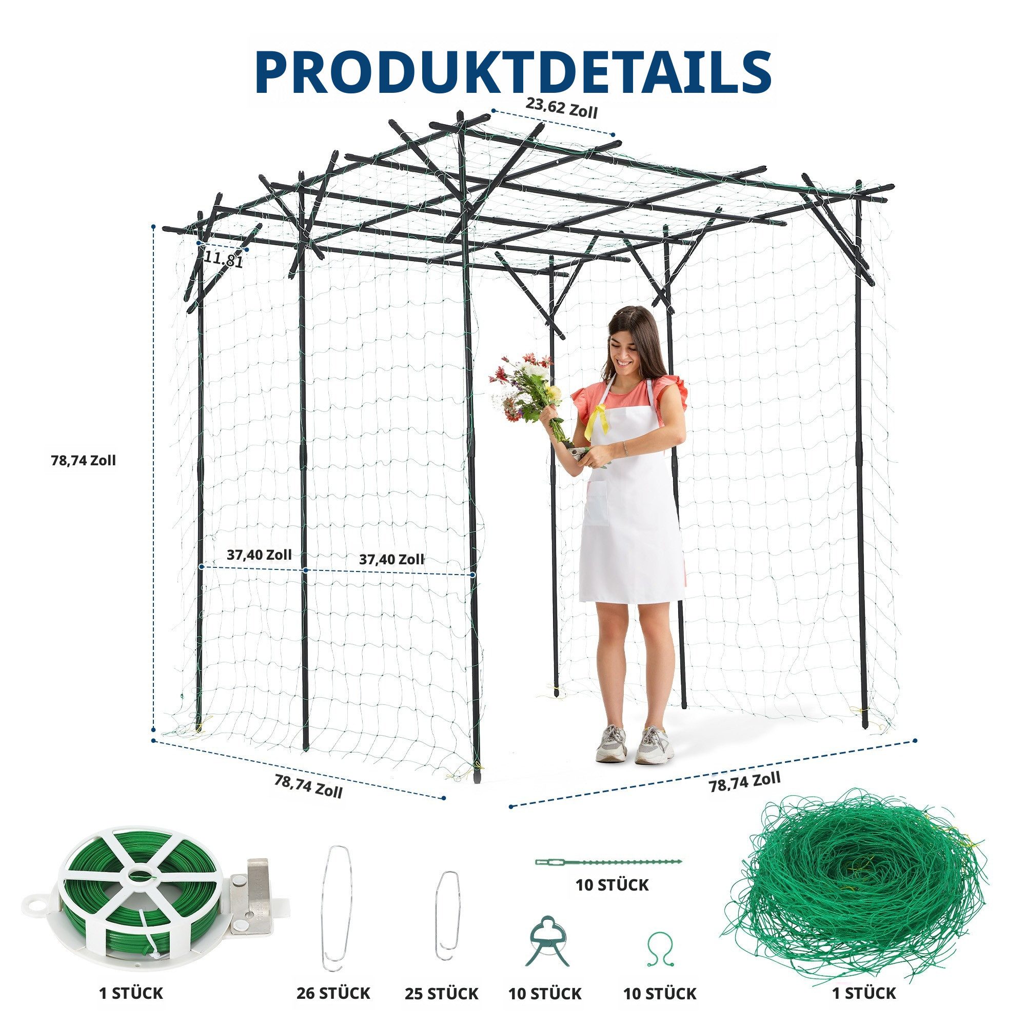 GarveeMore Spalier Pflanzbogen aus beschichtetem Kohlenstoffstahl, wasserfest & rostfrei, inkl. einfacher Montage, für Garten, Hochzeiten, Partys & Kletterpflanzen, Flachdach, Schwarz