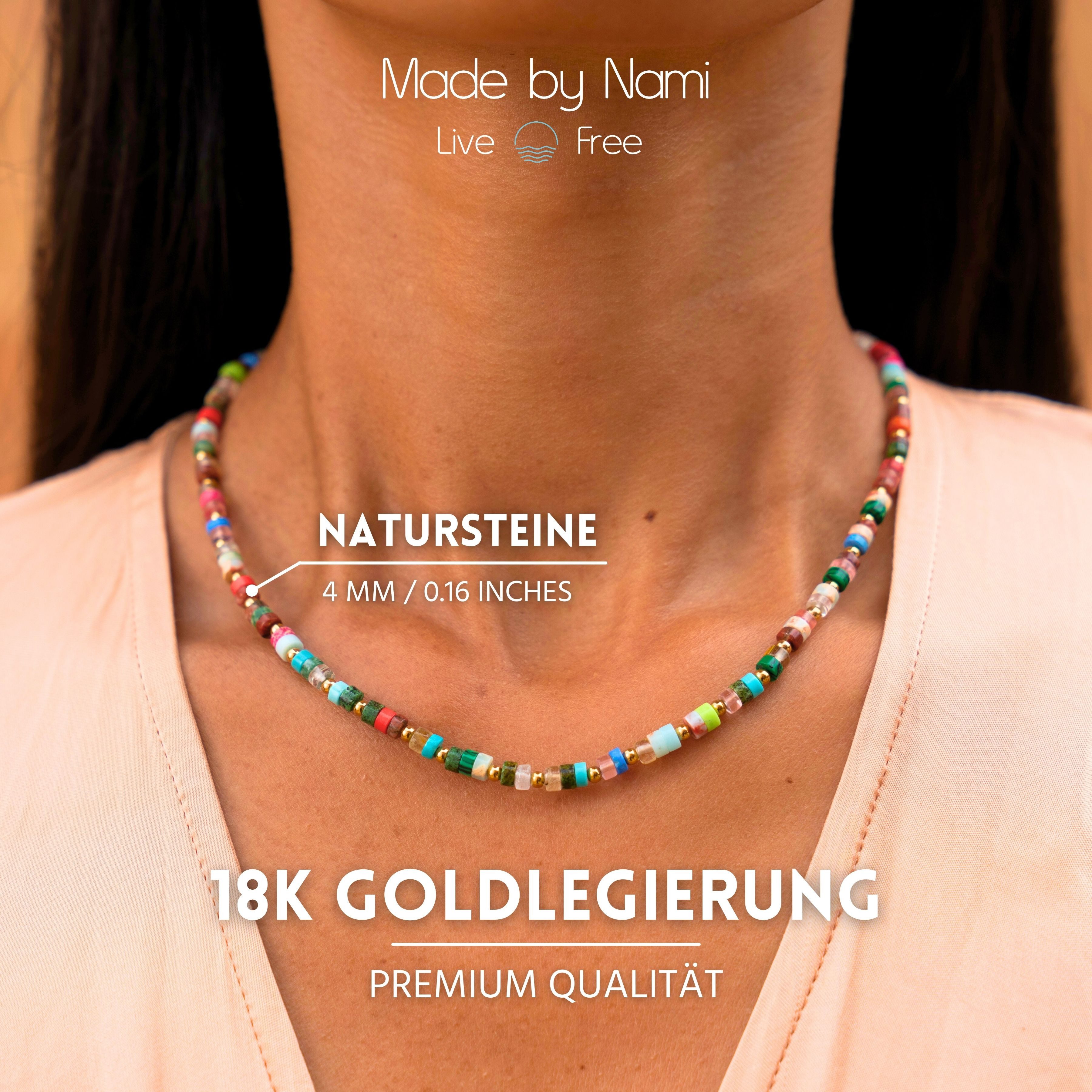 Made by Nami Perlenkette Damen Halskette bunt Naturstein verstellbar wasserfest hypoallergen, aus Naturstein – Boho-Stil – Sommerlich – mit Verlängerung – Bild 5 von 5