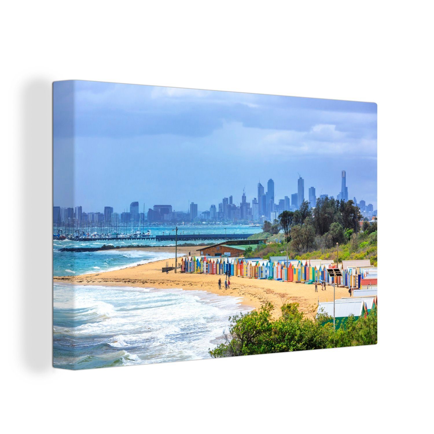 OneMillionCanvasses® Leinwandbild Tropische Strände mit Melbourne im Hintergrund, (1 St), Wandbild Leinwandbilder, Aufhängefertig, Wanddeko, 30x20 cm