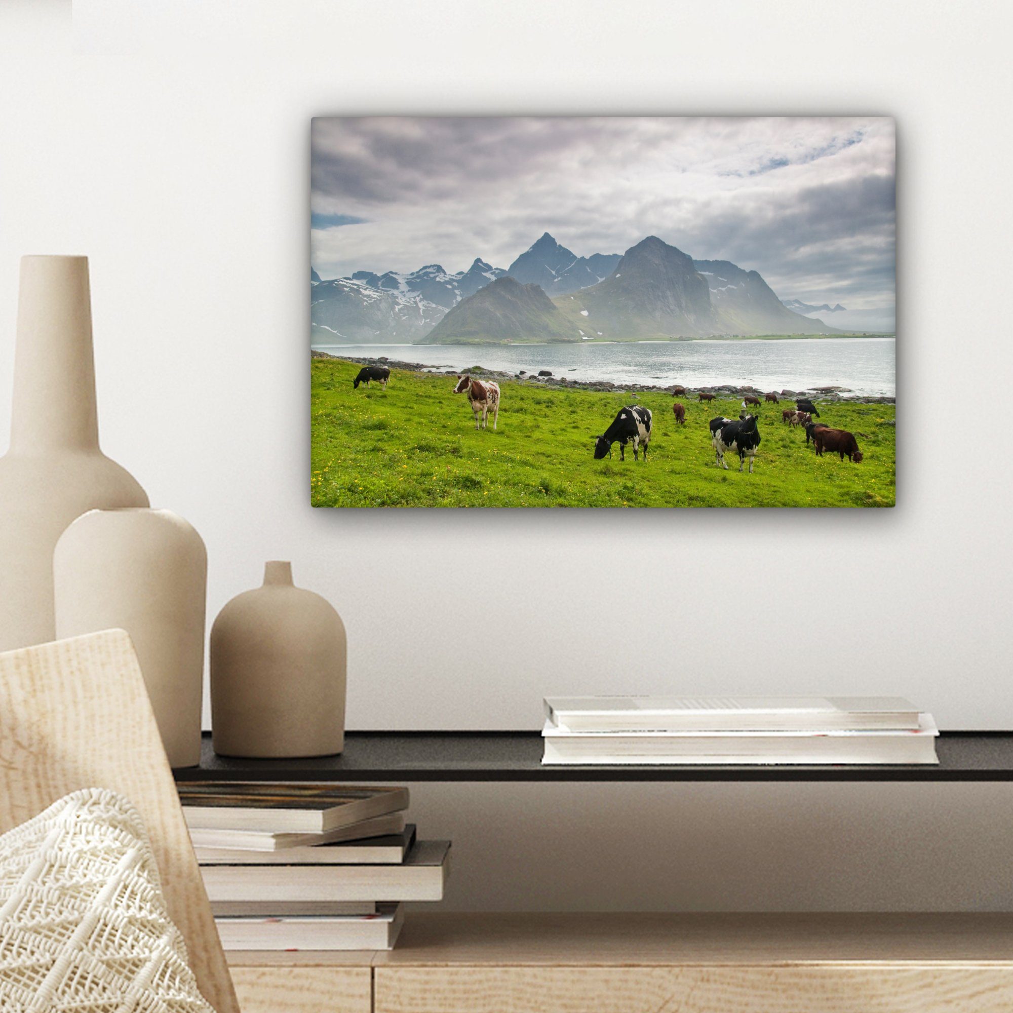 St), Aufhängefertig, (1 - Berg cm Meer, bunt Wandbild Kuh Leinwandbilder, Leinwandbild 30x20 - Wanddeko, OneMillionCanvasses®