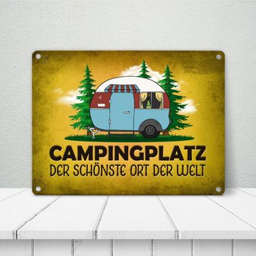 speecheese Metallschild Campingplatz Metallschild in gelb mit Wohnwagen Motiv Wohnmobil Hobby