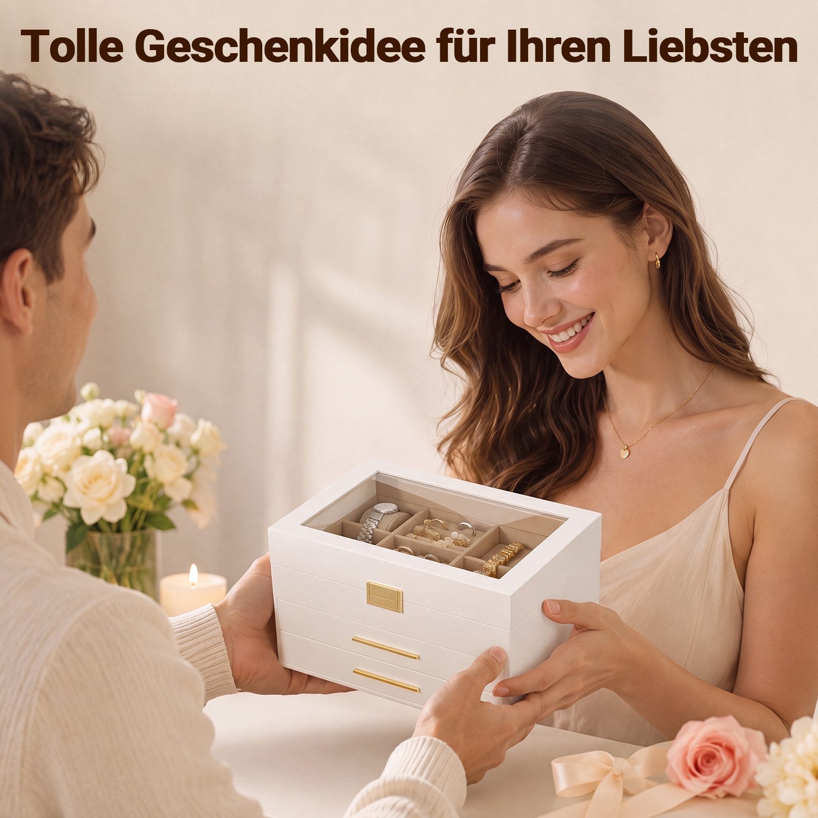 Hausright Schmuckkasten 3 Ebenen Schmuckbox mit Glasdeckel, 2 Schubladen (Schmuckschatulle) – Bild 5 von 5