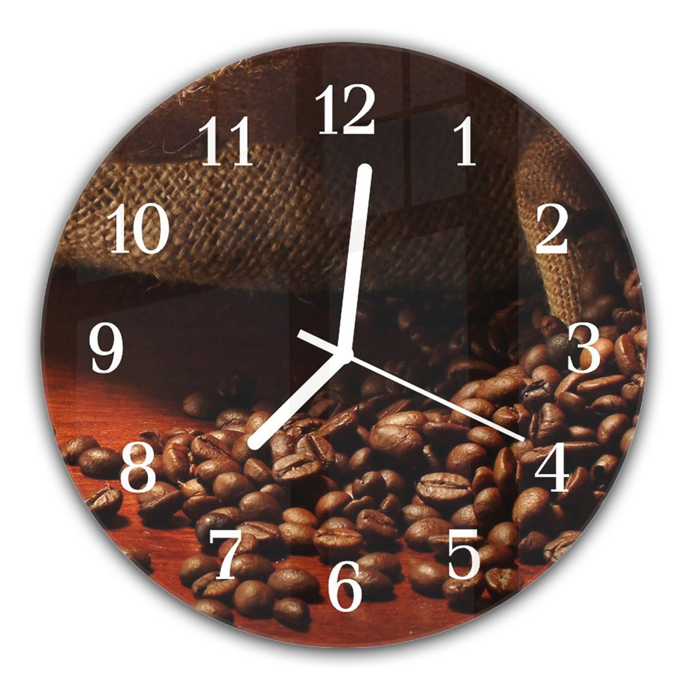 Quarzuhrwerk Durchmesser aus Kaffeebohnen und Motiv 30 Wanduhr Glas mit - cm mit Wanduhr Rund Primedeco