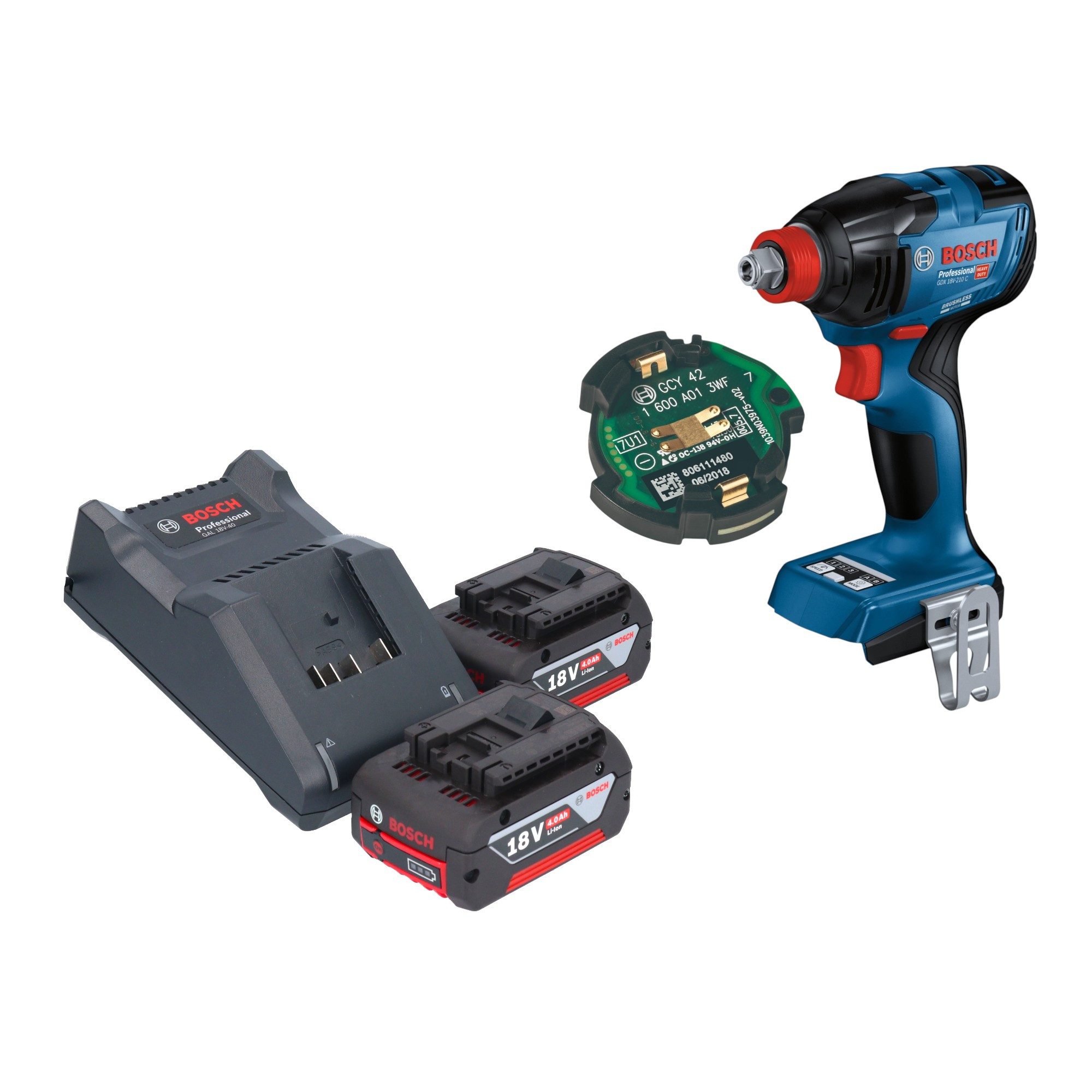 Bosch Professional Akku-Schlagschrauber GDX 18V-210 C Professional 18V 210Nm + 2x Akku 4,0Ah + Lader + GCY 42