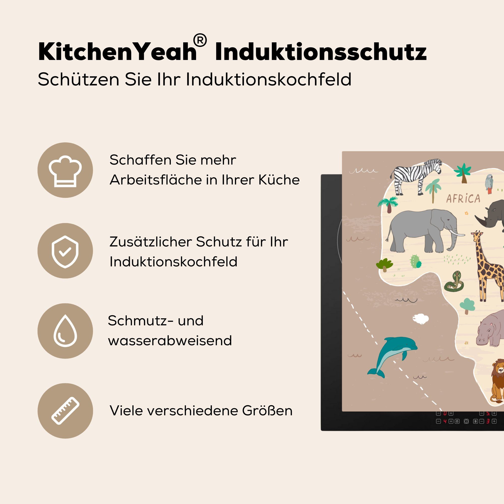 cm, 78x78 Herdblende-/Abdeckplatte Tiere Afrika tlg), - - Kinder Mädchen, - Weltkarte (1 MuchoWow Jungen Vinyl, Ceranfeldabdeckung, Arbeitsplatte für küche - -